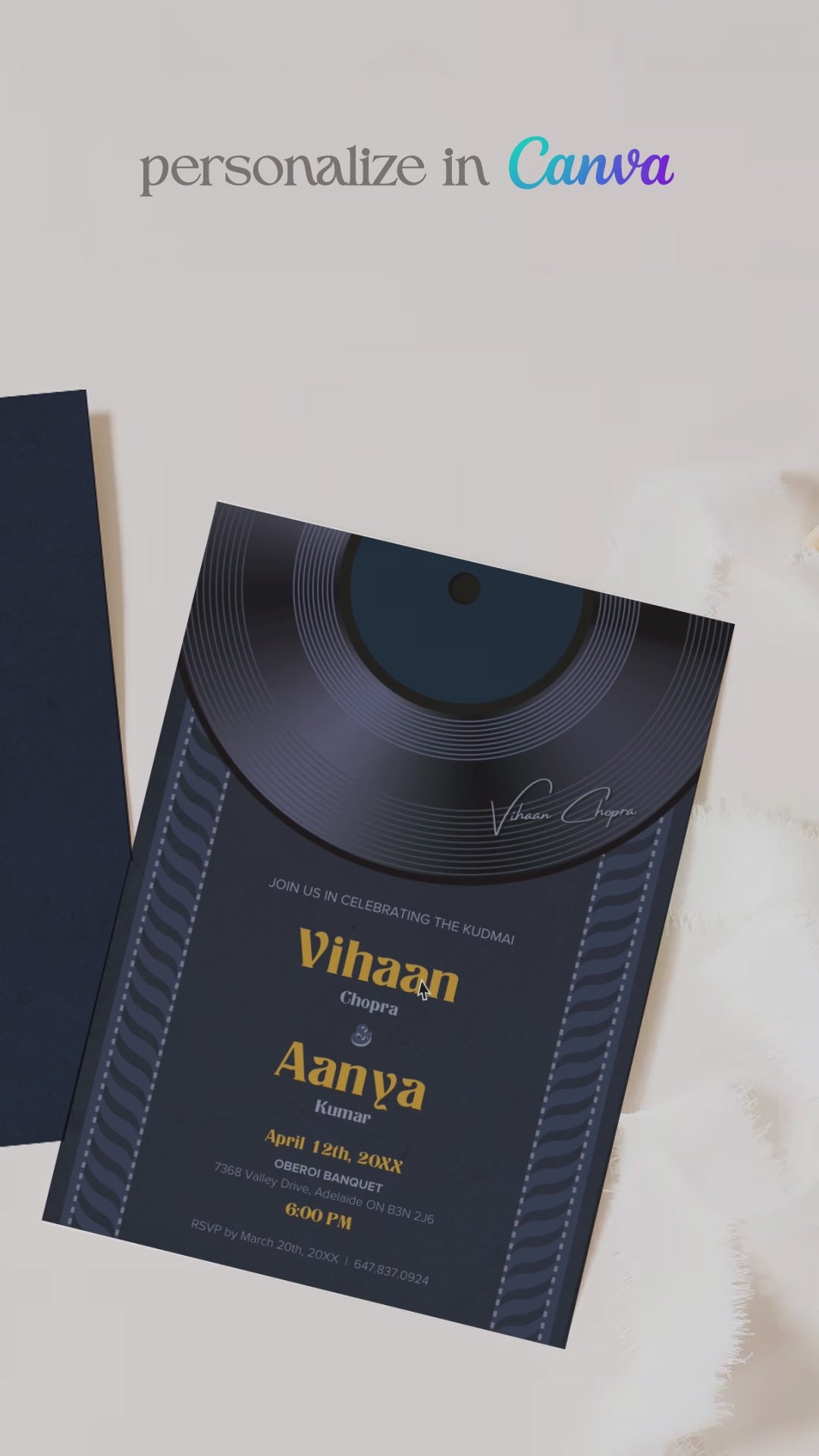 DJ vinyl record invitation. birthday invite. Wedding, engagement, bridal shower, baby shower stationery. Shades of blue & yellow. Wedding & event stationery. Personalize & customize in Canva. Digital Download. Print around the world at a local print shop