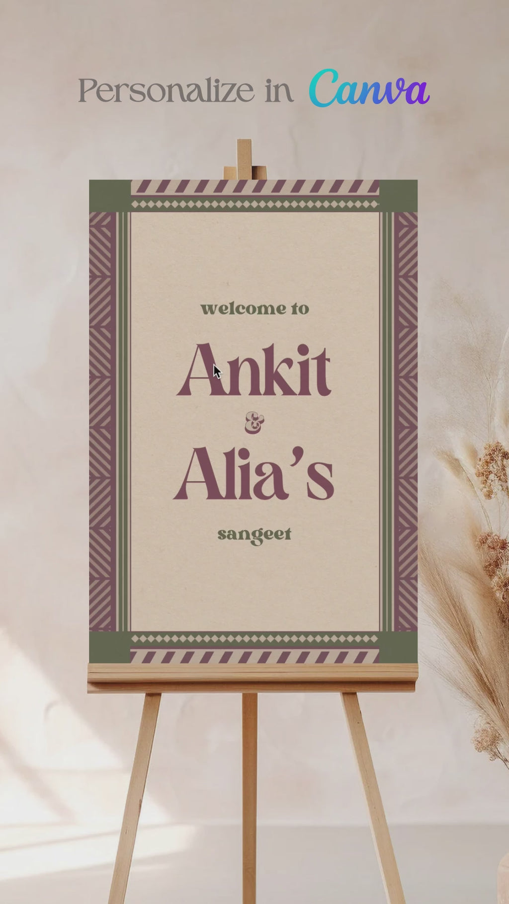 Retro Jaipur block print Welcome Sign with florals in the shades of purple, green, and beige. Chevron bordered design. Tribal prints. Indian Wedding Events like jago, sangeet, mehndi, haldi, chunni & maiyan. Personalize and customize in Canva. Print at any local printer around the World.