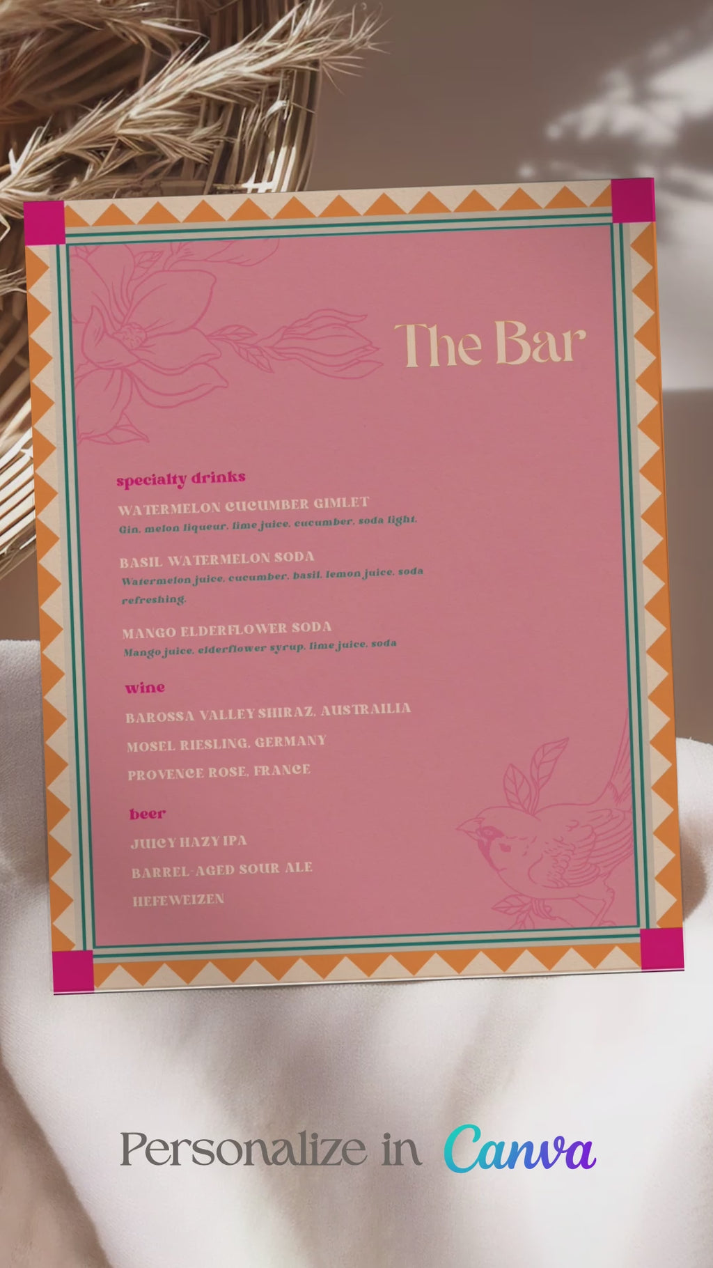 Retro Wedding Bar Menu with pink, teal, & orange marigold florals & bird. Indian Wedding events for Sangeet, Haldi, Maiyan or Jago. Wedding Signage. Wedding signature drink editable menu. Canva template. The bar or drinks sign. Drink menu. 8" x 10" menu design. Personalize and customize in Canva. Digital Download.  Print around the world at a local print shop.