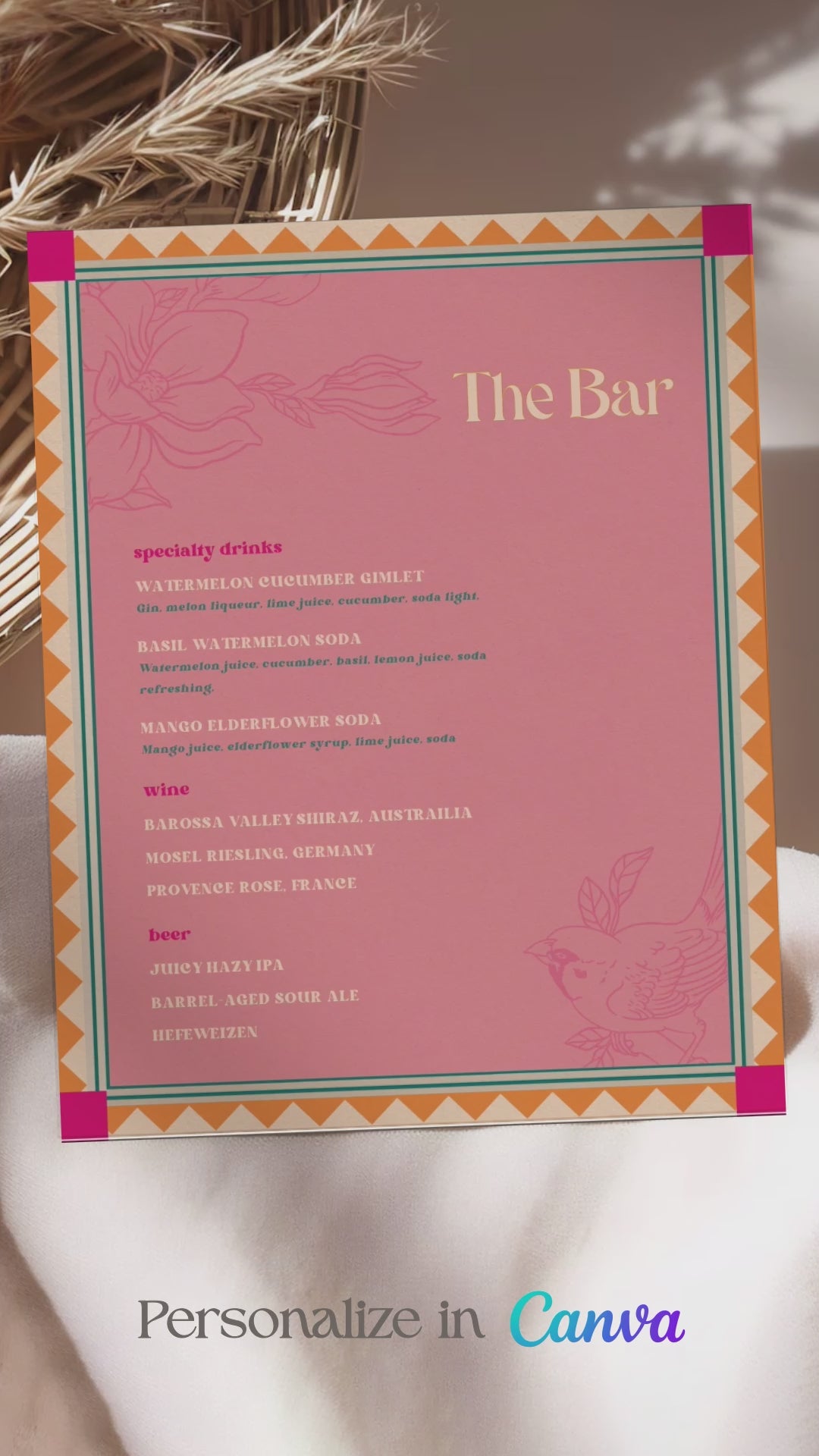 Retro Wedding Bar Menu with pink, teal, & orange marigold florals & bird. Indian Wedding events for Sangeet, Haldi, Maiyan or Jago. Wedding Signage. Wedding signature drink editable menu. Canva template. The bar or drinks sign. Drink menu. 8" x 10" menu design. Personalize and customize in Canva. Digital Download.  Print around the world at a local print shop.