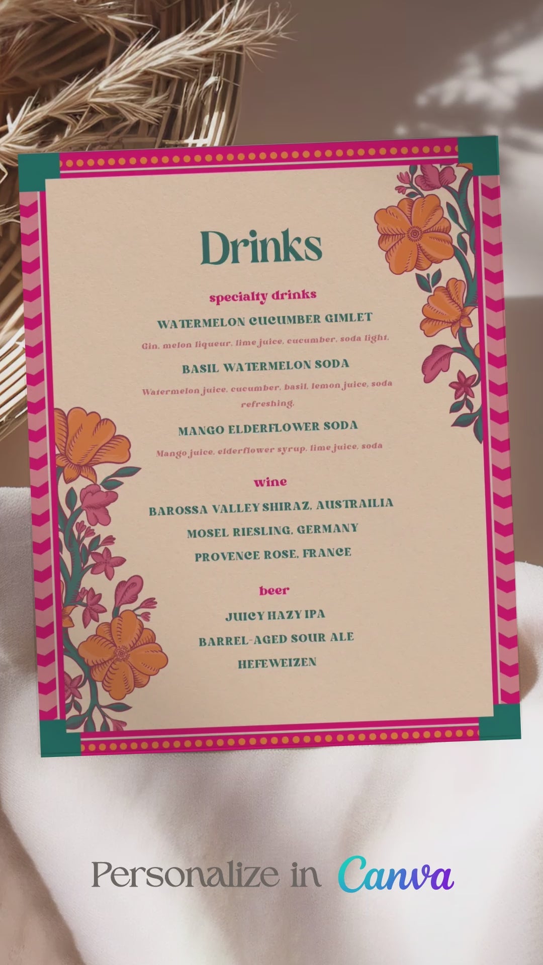 Retro Wedding Bar Menu with pink, teal, & orange marigold florals. Indian Wedding events for Sangeet, Haldi, Maiyan or Jago. Wedding Signage. Wedding signature drink editable menu. Canva template. The bar or drinks sign. Drink menu. 8" x 10" menu design. Personalize and customize in Canva. Digital Download.  Print around the world at a local print shop.