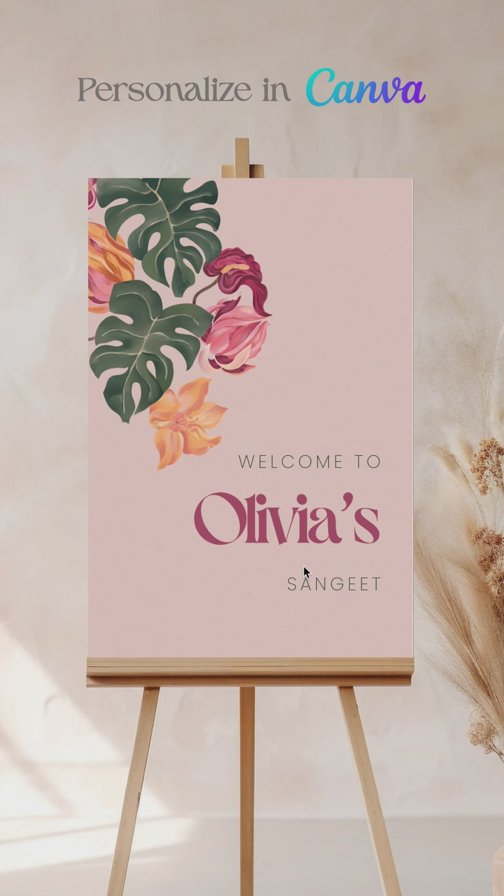 Tropical foliage & floral Wedding Welcome Sign. In the shades of pink, hot pink, green, teal, orange, yellow, forest green & beige. Tropical Jungle theme event. Indian Wedding Events like engagement, baby shower, bridal shower, birthday, jago, sangeet, mehndi, haldi, wedding & maiyan. Personalize and customize in Canva. Print at any local printer around the World. Digital Canva Template