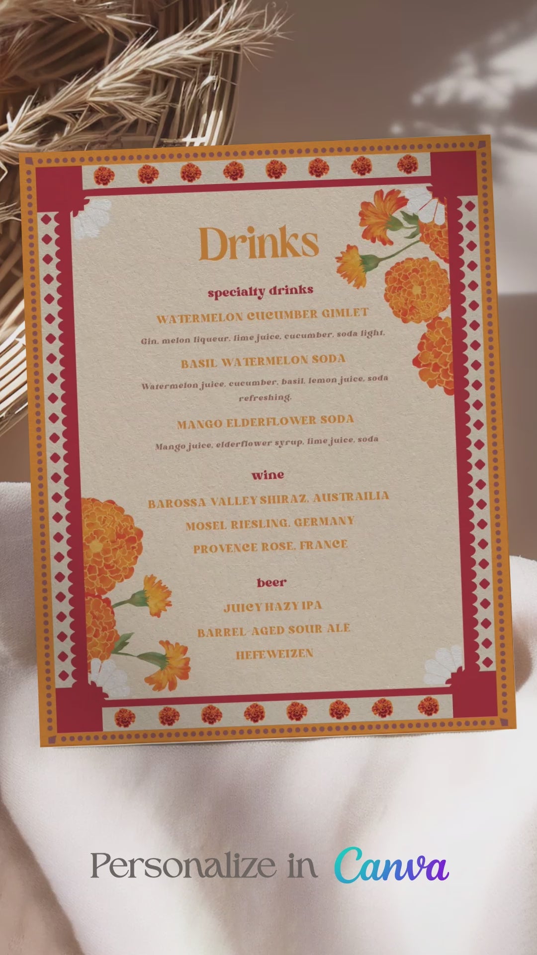 Retro Wedding Bar Menu with yellow & orange marigold florals. Indian Wedding events for Sangeet, Haldi, Maiyan or Jago. Wedding Signage. Personalize and customize in Canva. Digital Download.  Print around the world at a local print shop.