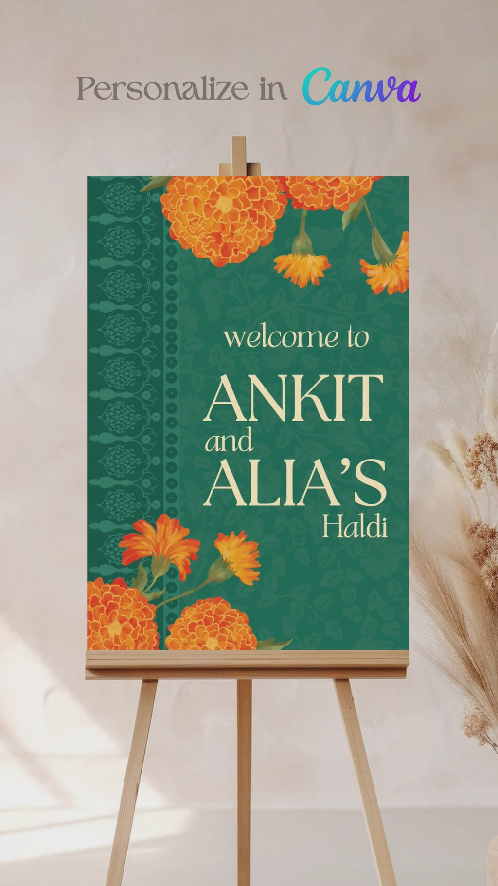 Orange Retro Wedding Welcome Sign with orange marigold florals. Indian Wedding events for Sangeet, Haldi, Maiyan or Jago. Wedding Signage. Personalize and customize in Canva. Digital Download.  Print around the world at a local print shop.