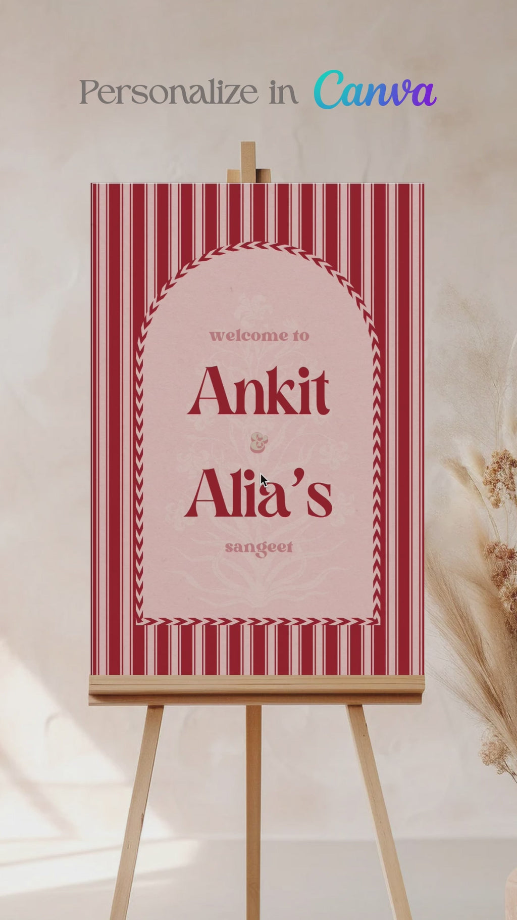 Jaipur block print Welcome Sign with arched stripes and chevron pattern in the shades of red, pink, and beige. Indian Wedding Events like jago, sangeet, mehndi, haldi, chunni & maiyan. Inspired by Villa Palladio Jaipur. Palace Arches. Traditional and modern indian design. Personalize and customize in Canva. Print at any local printer around the World.