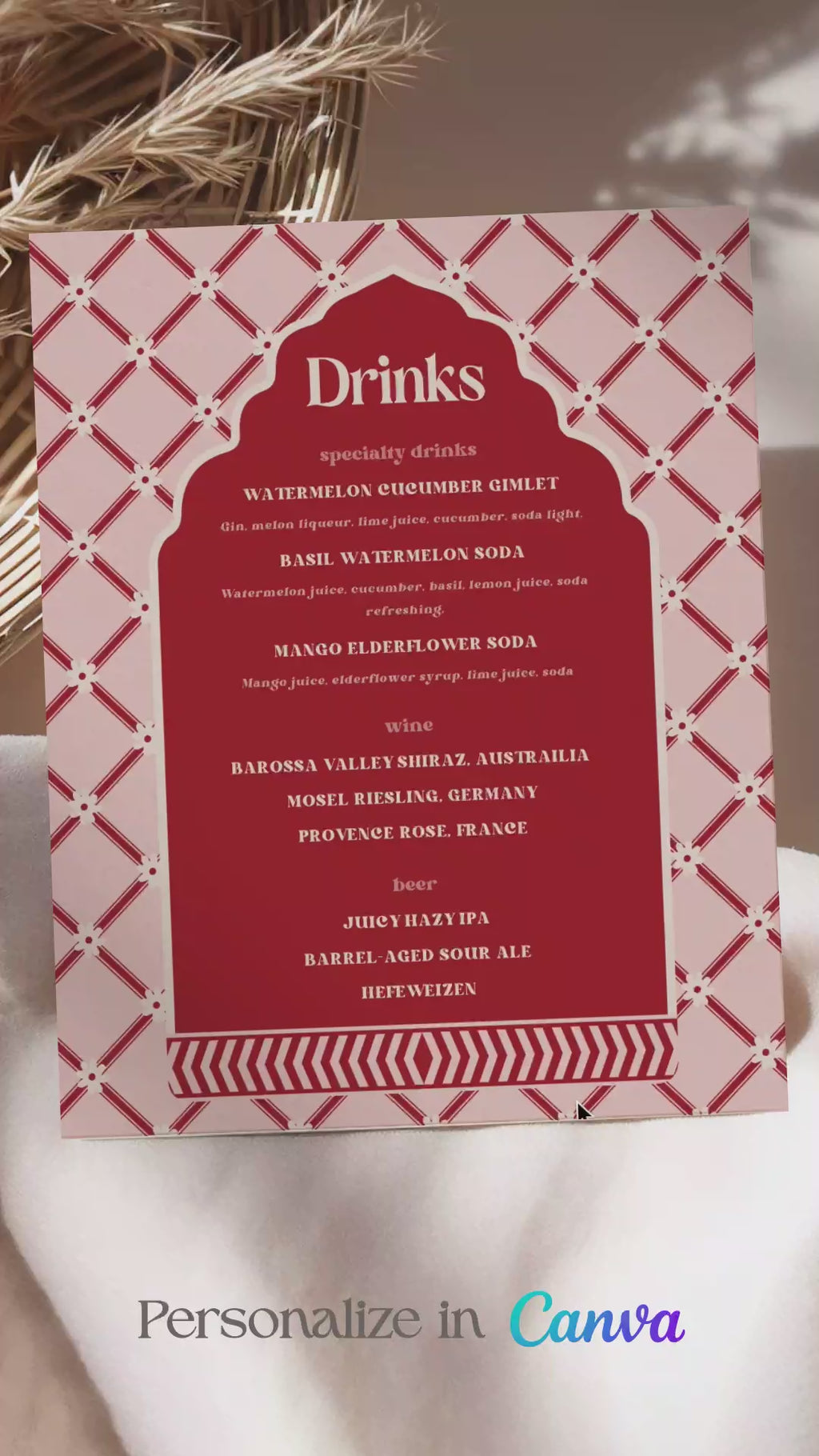 Jaipur floral block print bar sign with arched stripes and chevron pattern in the shades of red, pink, and beige. Indian Wedding Events like jago, sangeet, mehndi, haldi, chunni & maiyan. Inspired by Villa Palladio Jaipur. Palace Arches. Traditional and modern indian design. Personalize and customize in Canva. Print at any local printer around the World.