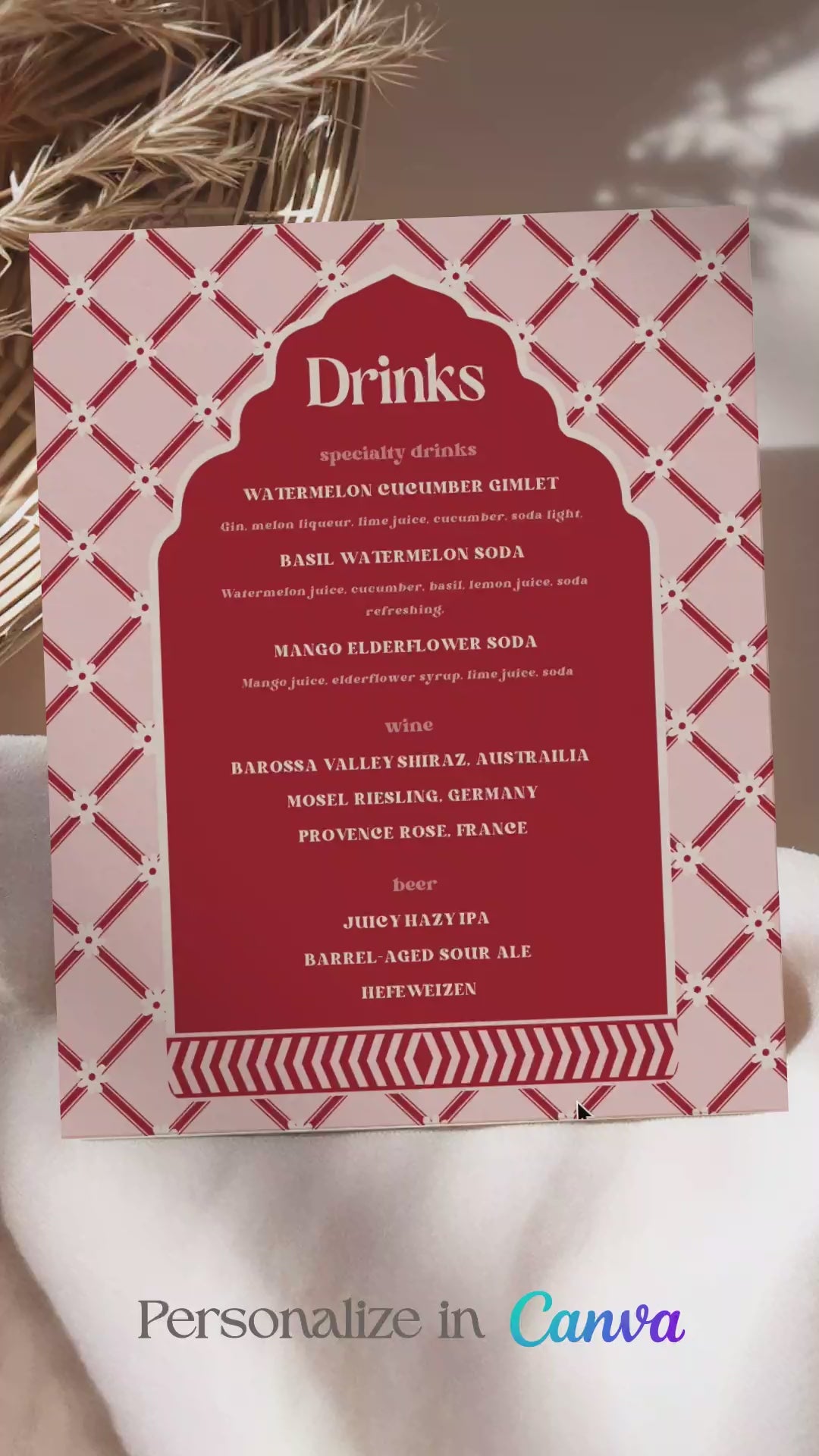 Jaipur floral block print bar sign with arched stripes and chevron pattern in the shades of red, pink, and beige. Indian Wedding Events like jago, sangeet, mehndi, haldi, chunni & maiyan. Inspired by Villa Palladio Jaipur. Palace Arches. Traditional and modern indian design. Personalize and customize in Canva. Print at any local printer around the World.