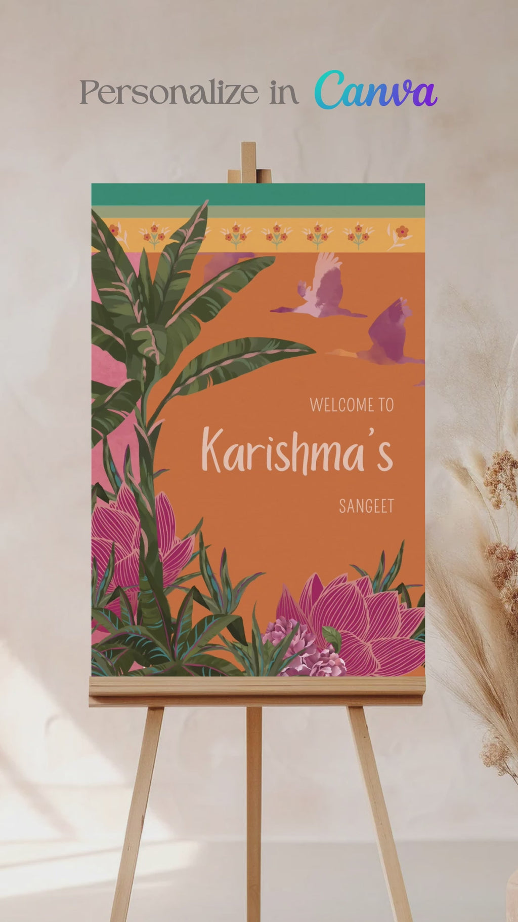 Tropical Jungle & Palm Tree Wedding Welcome Sign. In the shades of pink, hot pink, green, teal, orange, yellow, forest green & beige. Tropical Jungle theme event. Indian Wedding Events like engagement, baby shower, bridal shower, birthday, jago, sangeet, mehndi, haldi, wedding & maiyan. Personalize and customize in Canva. Print at any local printer around the World.