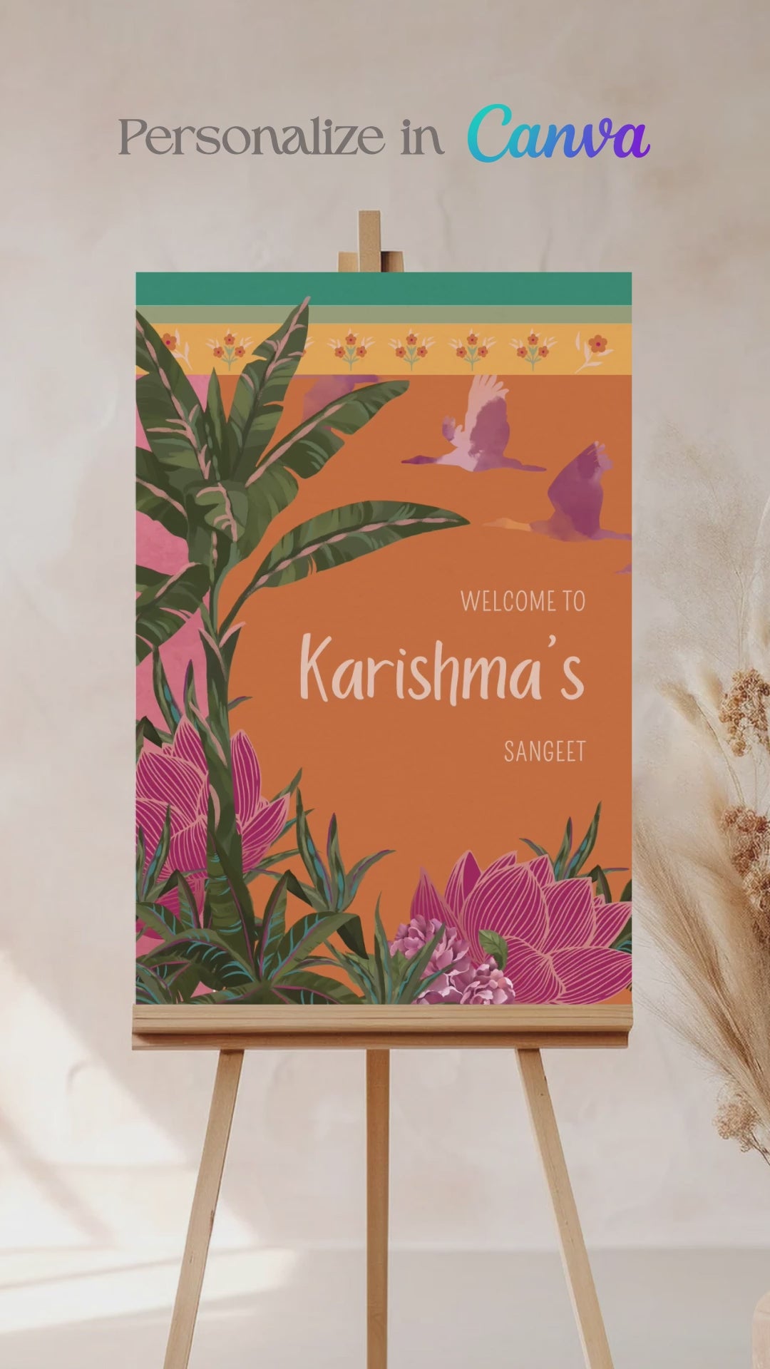 Tropical Jungle & Palm Tree Wedding Welcome Sign. In the shades of pink, hot pink, green, teal, orange, yellow, forest green & beige. Tropical Jungle theme event. Indian Wedding Events like engagement, baby shower, bridal shower, birthday, jago, sangeet, mehndi, haldi, wedding & maiyan. Personalize and customize in Canva. Print at any local printer around the World.