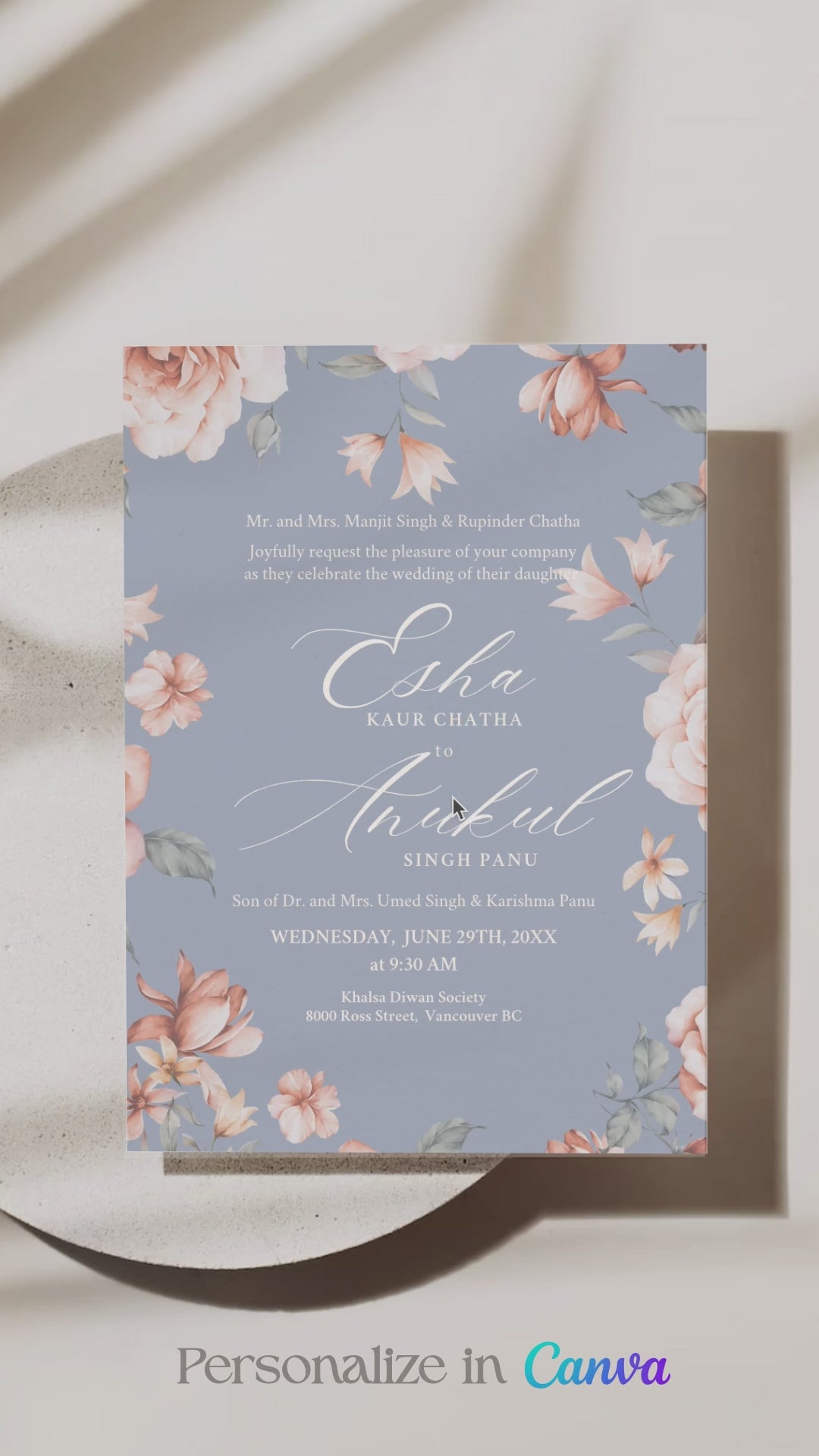 Floral Wedding Menu. Event Food Menu. Shades of Blue, orange and beige. Orange roses. Baby Shower. Indian Wedding. Birthday and Celebration. Engagement Stationery. Wedding Stationery. DIY Stationery. Digital Download. Canva. Indian Weddings. Reception. Personalize. Customize. Anand Karaj, Mehndi, Sangeet, Haldi