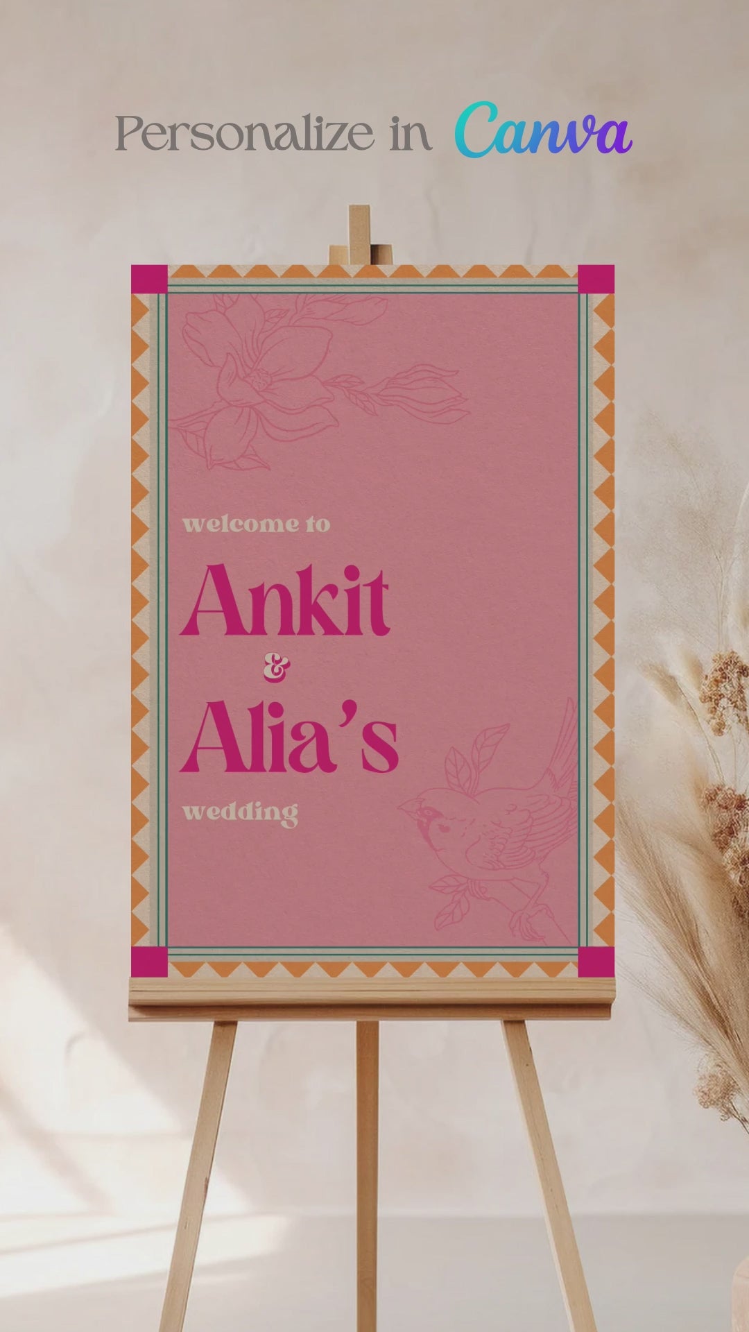 Retro Wedding Welcome Sign with florals & birds. In the shades of baby pink, hot pink, yellow, teal & beige. Indian Wedding Events like engaement, baby shower, bridal shower, jago, sangeet, mehndi, haldi, wedding & maiyan. Personalize and customize in Canva. Print at any local printer around the World.