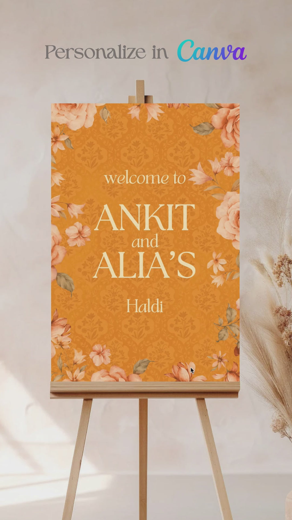 Floral Wedding Welcome Sign. Event Welcome Sign. Shades of Orange and yellow. Orange roses. Baby Shower. Indian Wedding. Birthday and Celebration. Engagement Stationery. Wedding Stationery. DIY Stationery. Digital Download. Canva. Indian Weddings. Reception. Personalize. Customize. Anand Karaj, Mehndi, Sangeet, Haldi