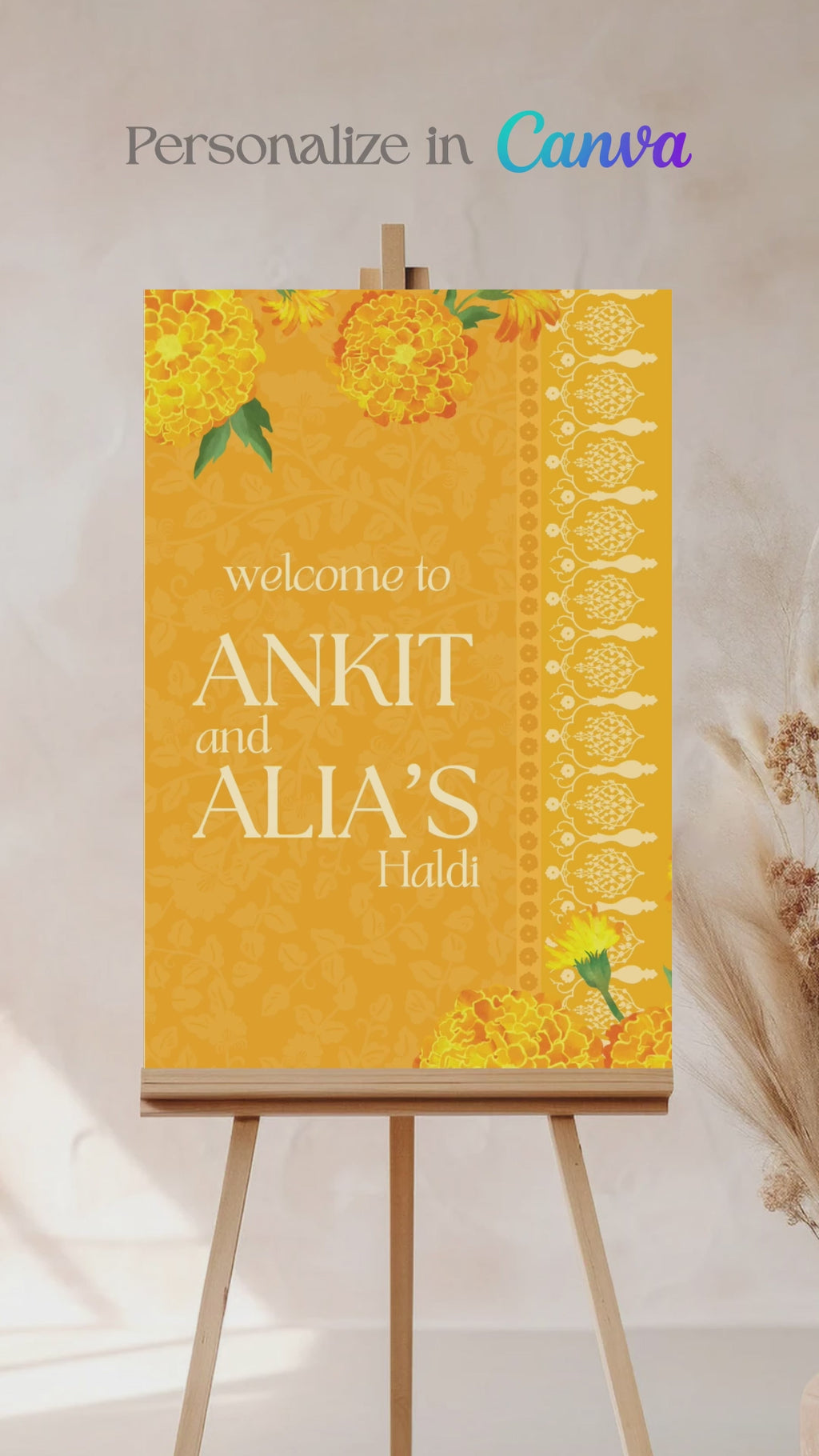 Floral Wedding Welcome Sign. Event Welcome Sign. Shades of yellow. Baby Shower. Yellow magnolia florals. Indian Wedding. Birthday and Celebration. Engagement Stationery. Wedding Stationery. DIY Stationery. Digital Download. Canva. Indian Weddings. Reception. Personalize. Customize. Anand Karaj, Mehndi, Sangeet, Haldi