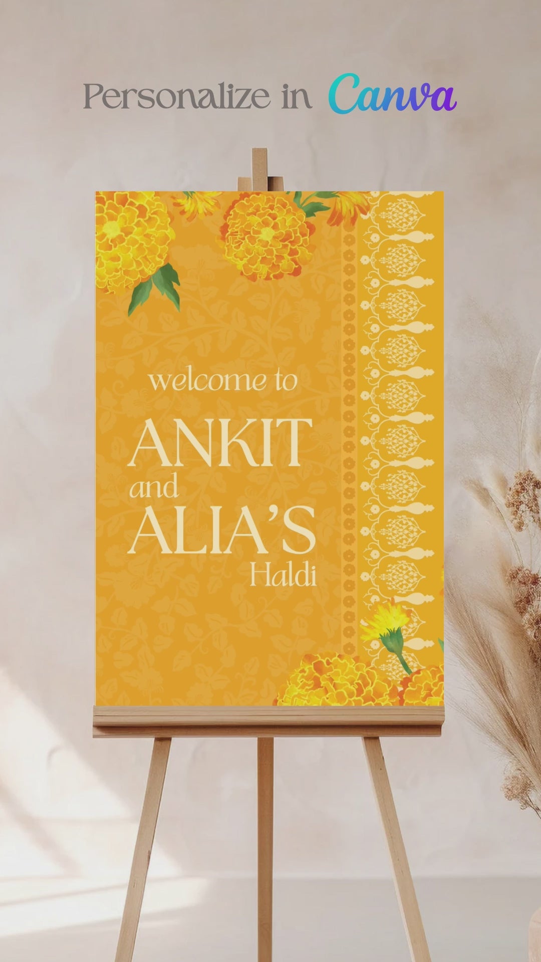 Floral Wedding Welcome Sign. Event Welcome Sign. Shades of yellow. Baby Shower. Yellow magnolia florals. Indian Wedding. Birthday and Celebration. Engagement Stationery. Wedding Stationery. DIY Stationery. Digital Download. Canva. Indian Weddings. Reception. Personalize. Customize. Anand Karaj, Mehndi, Sangeet, Haldi