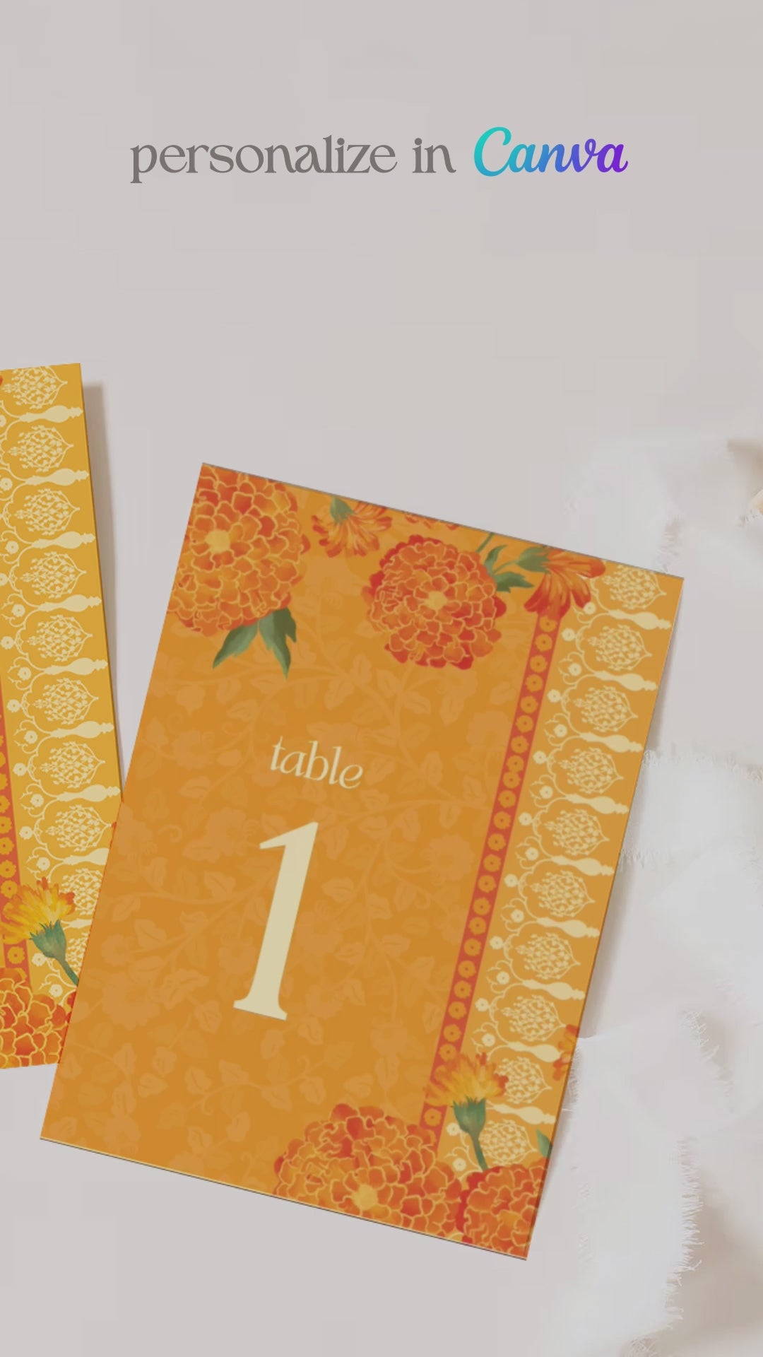 Orange Marigold Floral table numbers. Wedding, engagement, bridal shower, baby shower signage. In the shades of orange, yellow & beige. Indian Wedding Table Decor. Sangeet, Maiyan & Jago, Mehndi, Haldi, Engagement, Birthday, Bridal Shower, Baby Shower. Wedding & event stationery. Personalize & customize in Canva. Digital Download. Print around the world at a local print shop.
