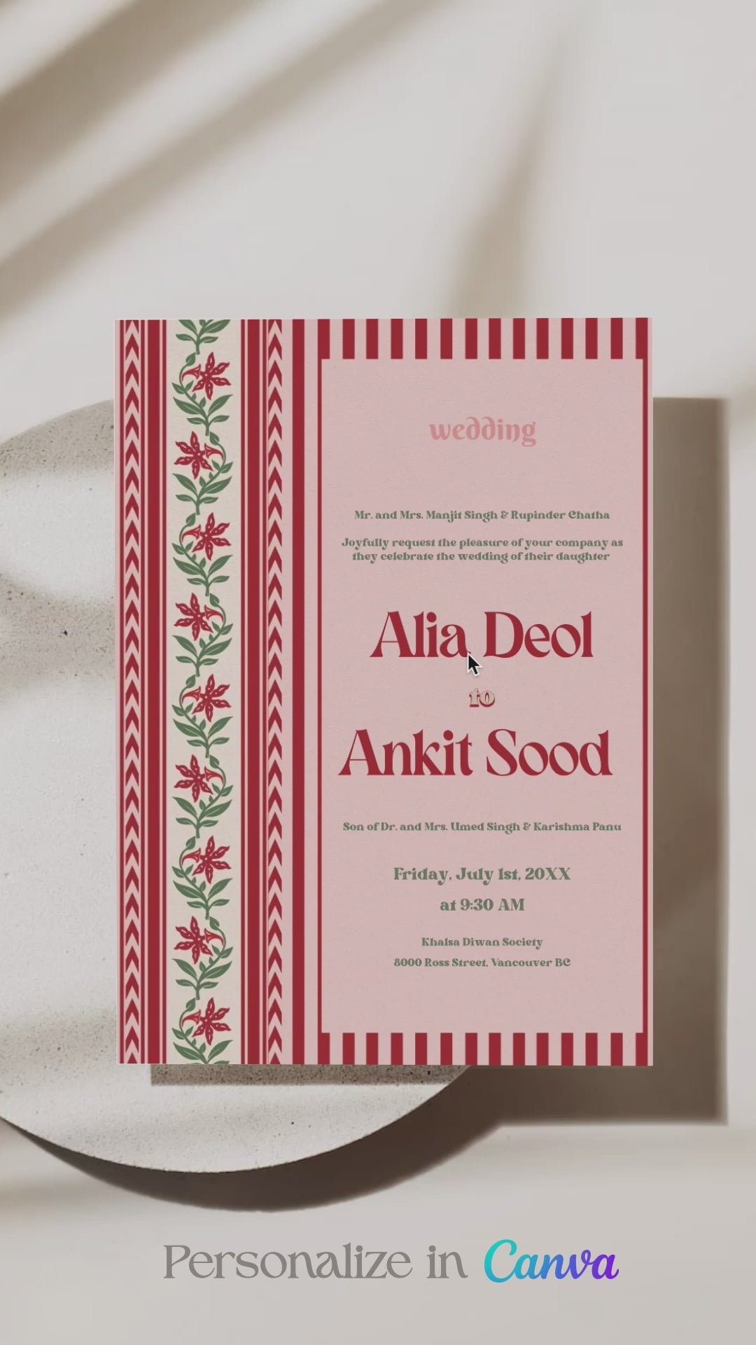 Jaipur-inspired Wedding Invitation Set in the shades of red, pink, green, and beige. With red florals. Jaipur block print artwork. It is inspired by the Villa Palladio in Jaipur. Sized at 5" x 7" with front and back design options. Indian Wedding Invitation Set. Personalize and customize in Canva. Print at any local printer around the World. Florals & Birds