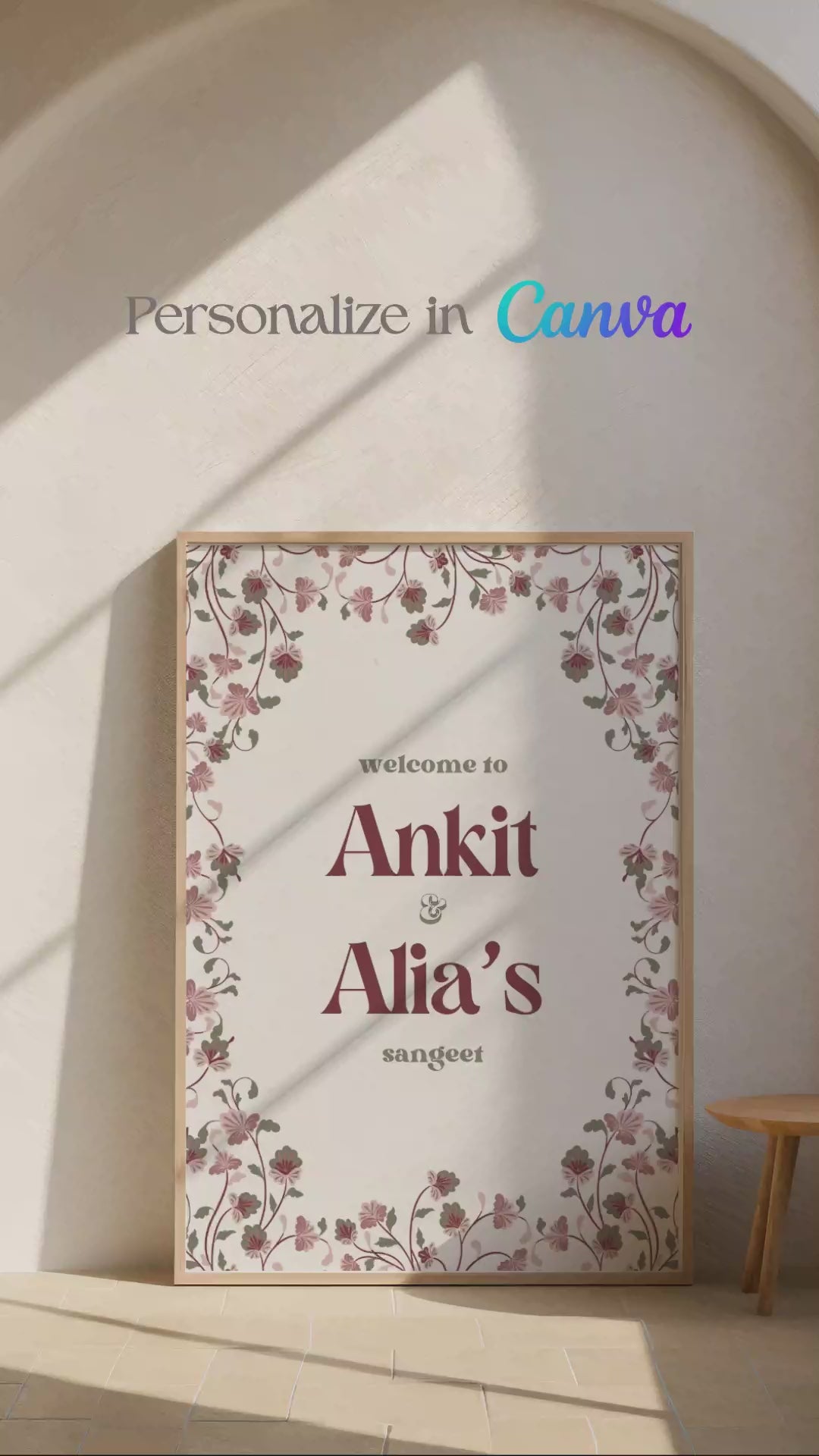 Arched Jaipur Palace Block Print Wedding Welcome Sign with marble and stone tiled work. Indian floral motifs. Indian Wedding events for Sangeet, Haldi, Maiyan or Jago. Wedding Signage. Personalize and customize in Canva. Digital Download.  Print around the world at a local print shop.