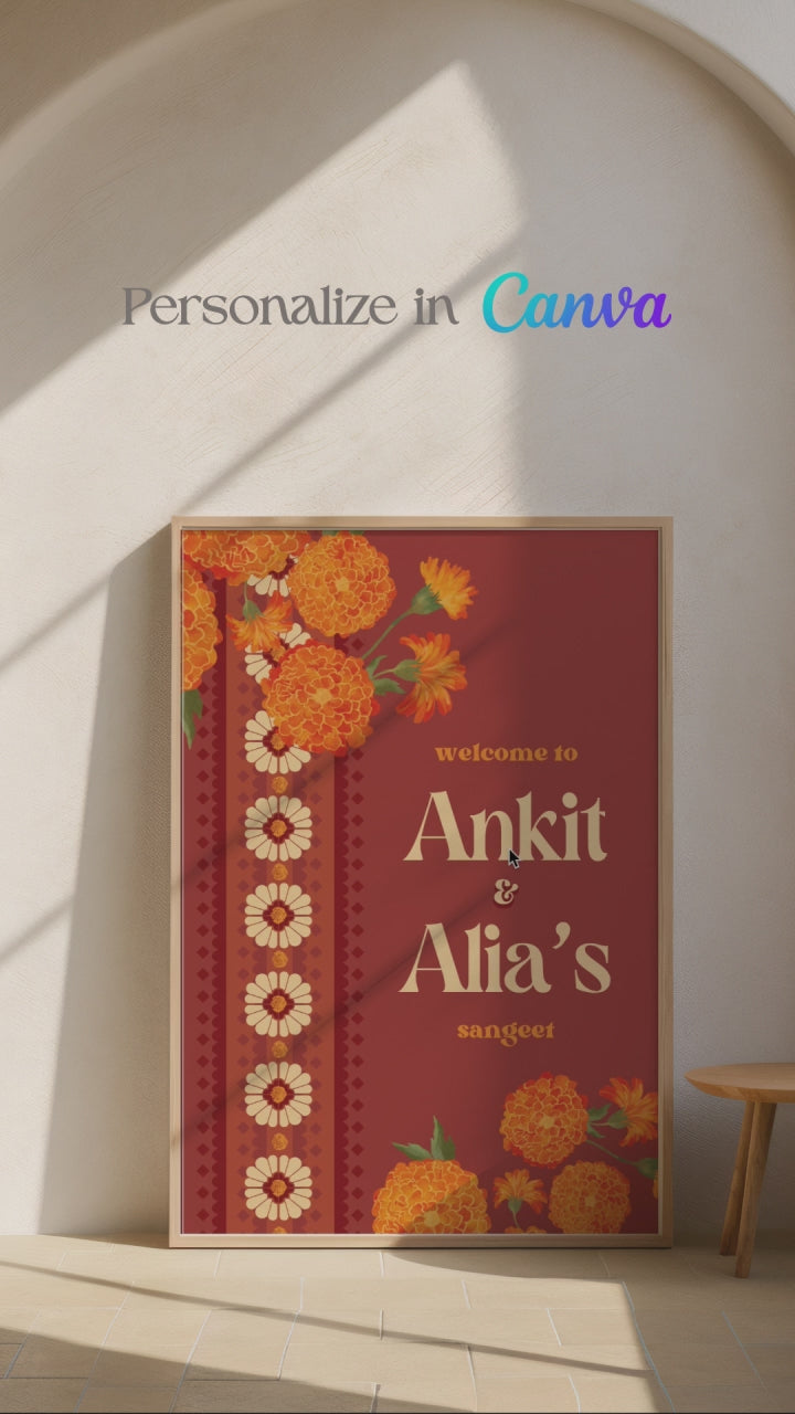 Orange Retro Wedding Welcome Sign with orange marigold florals. Indian Wedding events for Sangeet, Haldi, Maiyan or Jago. Wedding Signage. Personalize and customize in Canva. Digital Download.  Print around the world at a local print shop.
