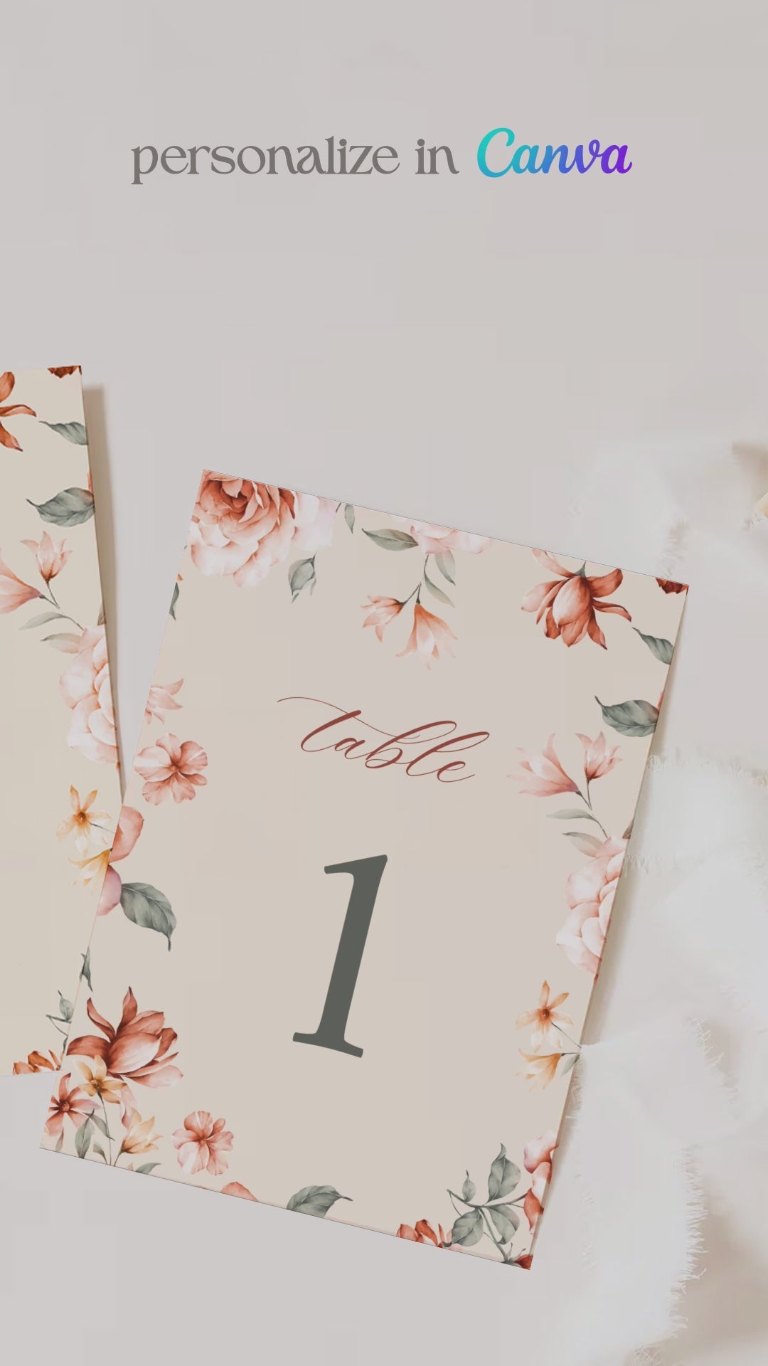 Floral Wedding Table Numbers. Event Table Numbers. Shades of Cream, Green, orange and beige. Orange roses. Baby Shower. Indian Wedding. Birthday and Celebration. Engagement Stationery. Wedding Stationery. DIY Stationery. Digital Download. Canva. Indian Weddings. Reception. Personalize. Customize. Anand Karaj, Mehndi, Sangeet, Haldi