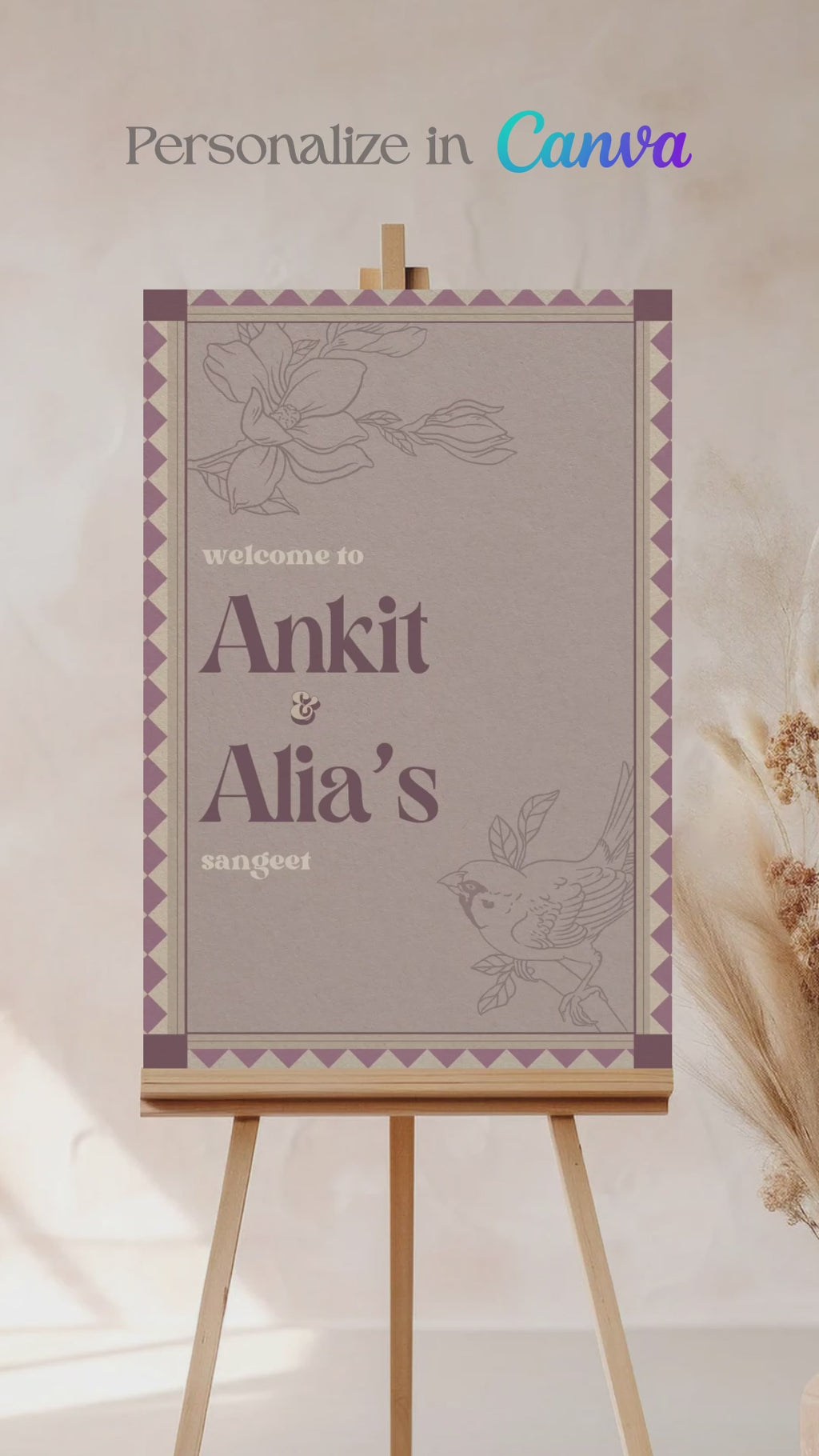 Wedding Invitations. Retro Welcome Sign. Indian Wedding Invites. Event Welcome Sign. Wine Purple, and beige colours. Purple florals and bird. Birthday and Celebration. Wedding Ceremony. Engagement Sign. Wedding Stationery. DIY Stationery. Digital Download. Canva. Indian Weddings. Anand Karaj. Sangeet. Chunni. Mehndi, Haldi. Personalize. Customize.