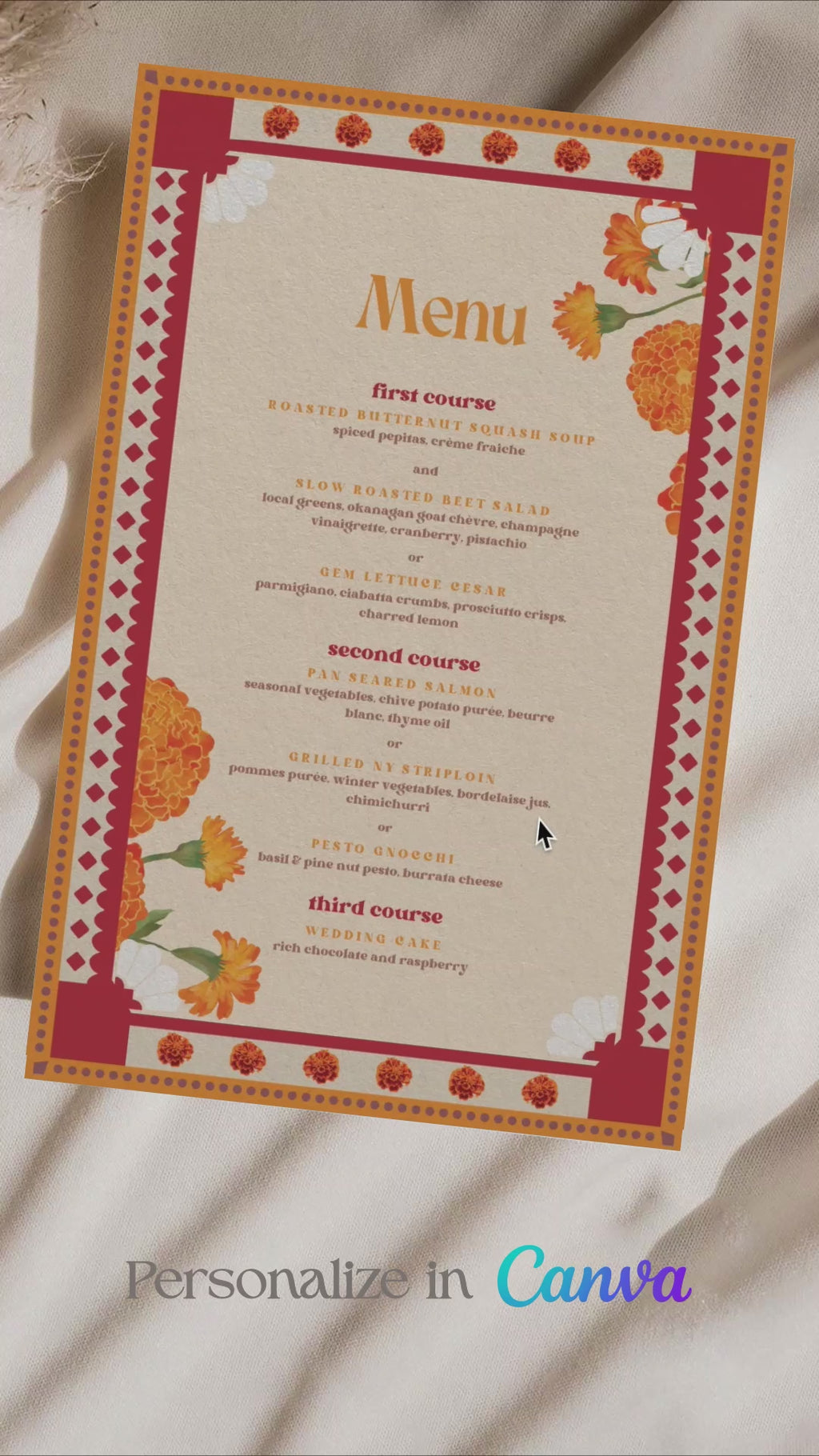 Retro Wedding Menu with yellow & orange marigold florals. Indian Wedding events for Sangeet, Haldi, Maiyan or Jago. Wedding Signage. Personalize and customize in Canva. Digital Download.  Print around the world at a local print shop.