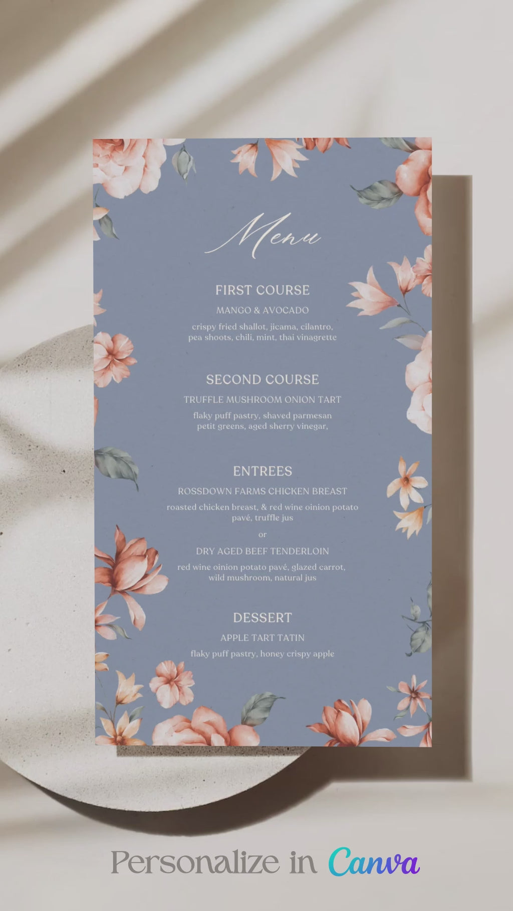 Floral Wedding Menu. Event Food Menu. Shades of Blue, orange and beige. Orange roses. Baby Shower. Indian Wedding. Birthday and Celebration. Engagement Stationery. Wedding Stationery. DIY Stationery. Digital Download. Canva. Indian Weddings. Reception. Personalize. Customize. Anand Karaj, Mehndi, Sangeet, Haldi