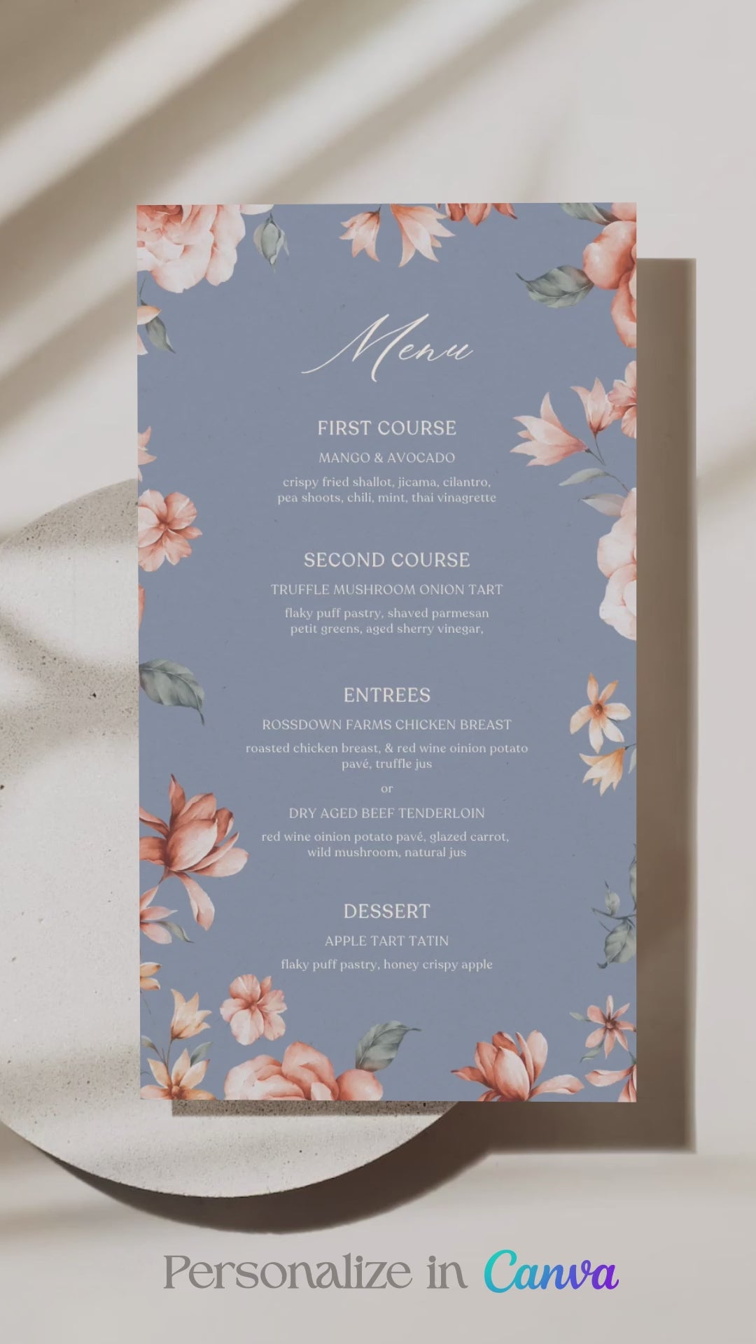 Floral Wedding Menu. Event Food Menu. Shades of Blue, orange and beige. Orange roses. Baby Shower. Indian Wedding. Birthday and Celebration. Engagement Stationery. Wedding Stationery. DIY Stationery. Digital Download. Canva. Indian Weddings. Reception. Personalize. Customize. Anand Karaj, Mehndi, Sangeet, Haldi