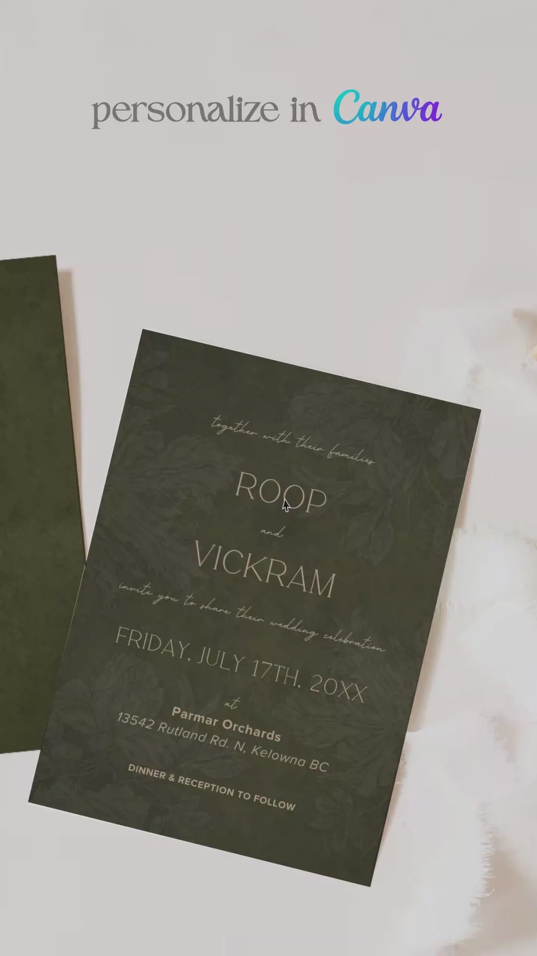 Wedding invite in a minimalistic style. Digital downloadable invite. In a olive green floral texture wash. 5" x 7" digital invite. Stationery for various event celebrations. Wedding, engagement stationery. Personalize and customize in Canva. Print at any local printer around the World. Olive green, sage green, mehndi green. Textured florals
