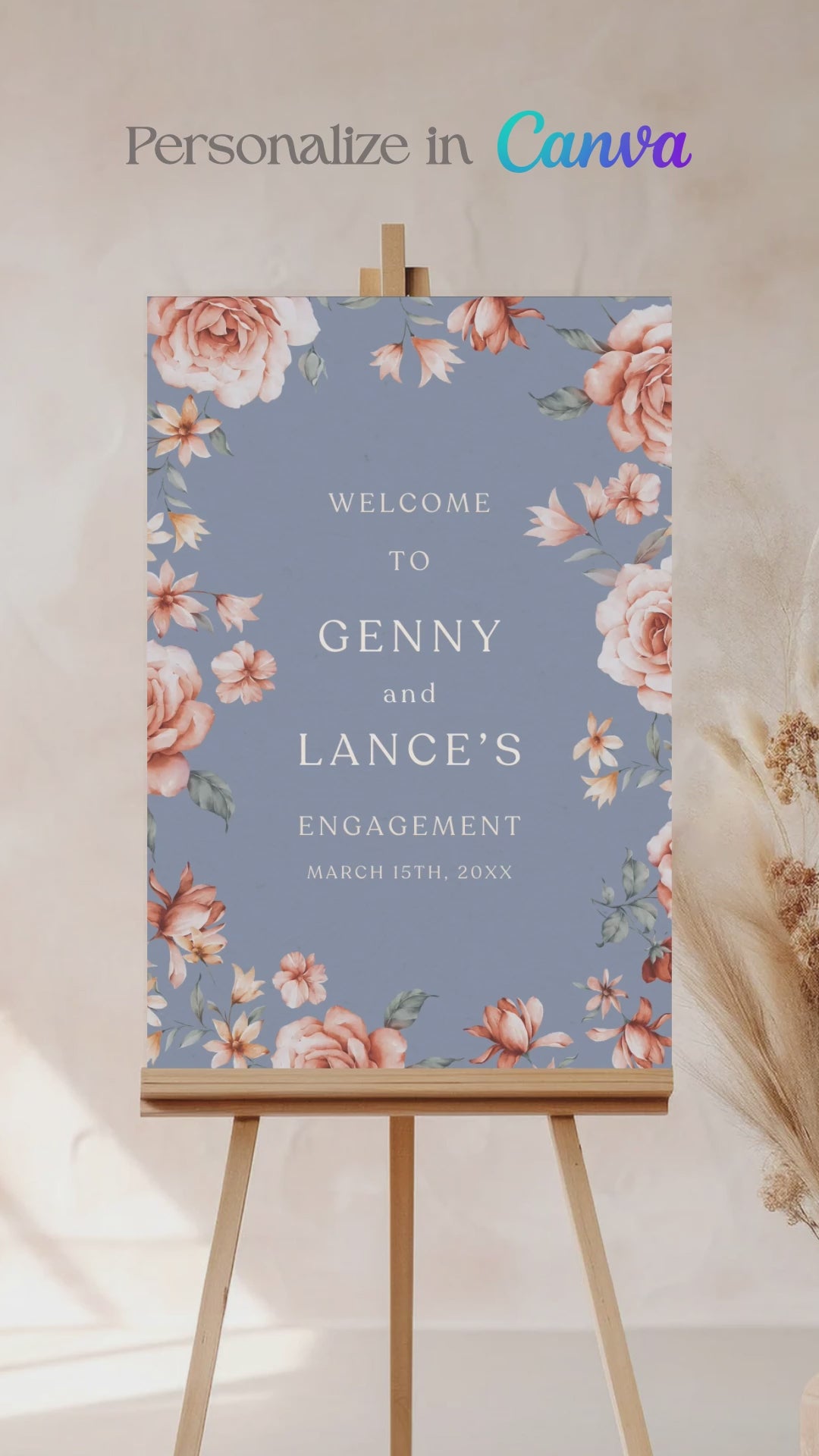 Floral Wedding Welcome Sign. Event Welcome Sign. Shades of Blue, orange and beige. Orange roses. Baby Shower. Indian Wedding. Birthday and Celebration. Engagement Stationery. Wedding Stationery. DIY Stationery. Digital Download. Canva. Indian Weddings. Reception. Personalize. Customize. Anand Karaj, Mehndi, Sangeet, Haldi