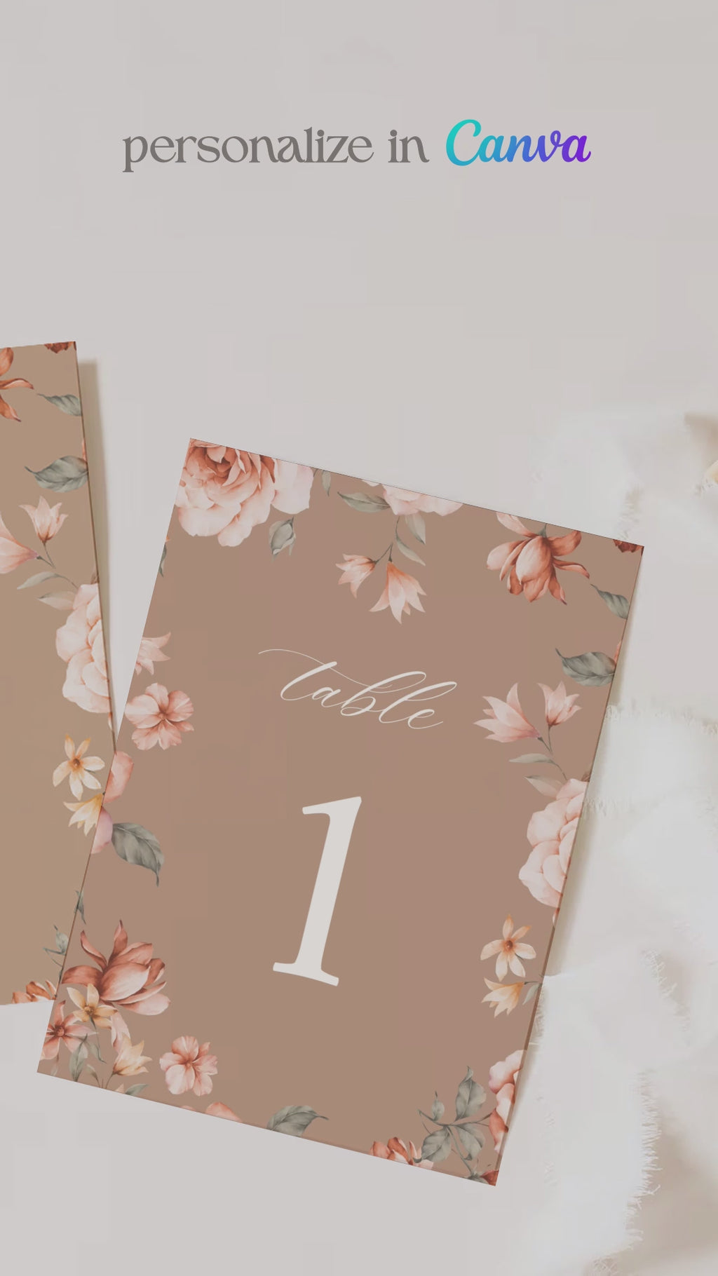 Floral Wedding Table Numbers. Event Table Numbers. Shades of Brown, orange and beige. Orange roses. Baby Shower. Indian Wedding. Birthday and Celebration. Engagement Stationery. Wedding Stationery. DIY Stationery. Digital Download. Canva. Indian Weddings. Reception. Personalize. Customize. Anand Karaj, Mehndi, Sangeet, Haldi