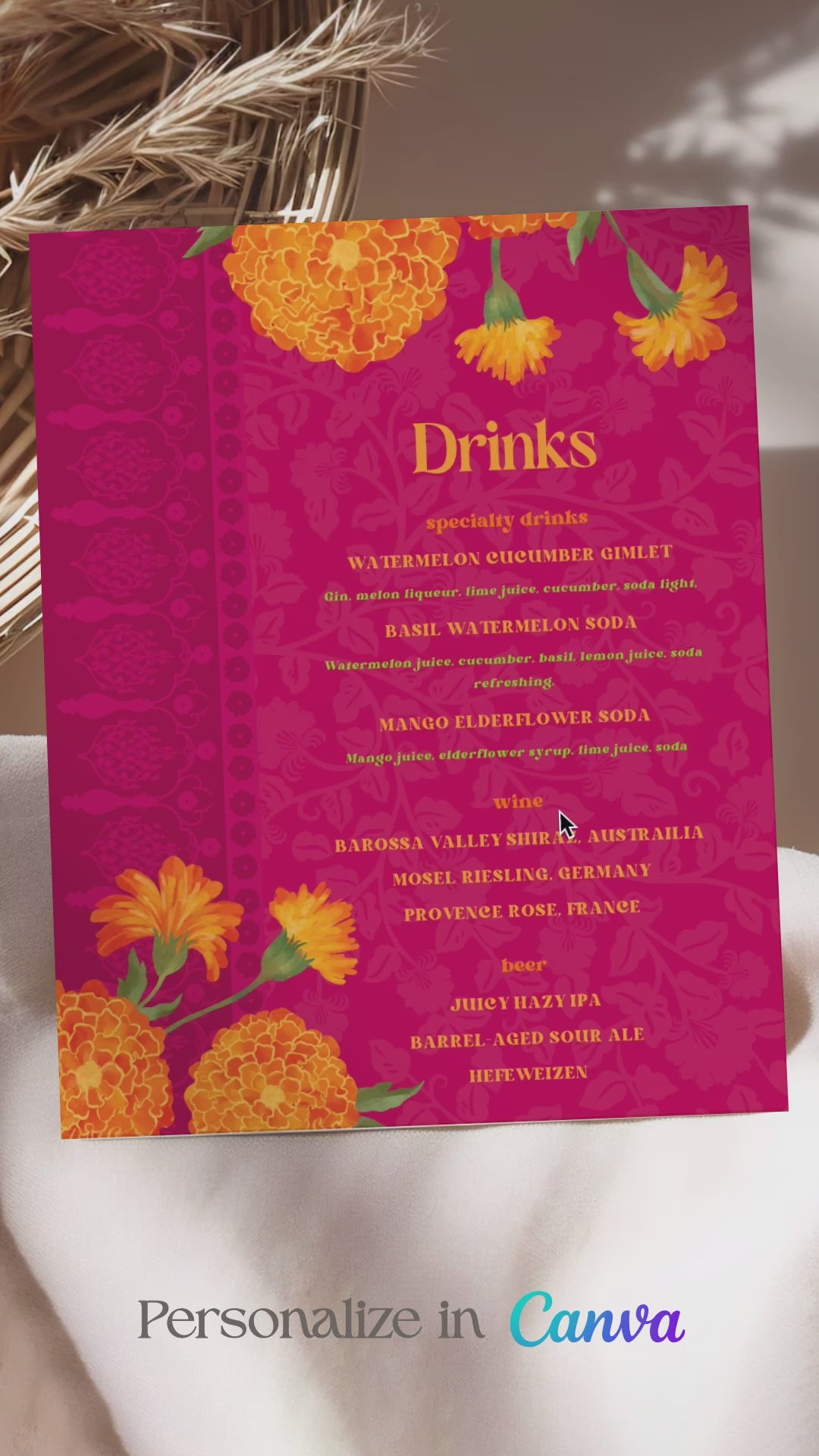 Retro Wedding Bar Menu with pink, yellow & orange marigold florals. Indian Wedding events for Sangeet, Haldi, Maiyan or Jago. Wedding Signage. Wedding signature drink editable menu. Canva template. The bar or drinks sign. Drink menu. 8" x 10" menu design. Personalize and customize in Canva. Digital Download.  Print around the world at a local print shop.