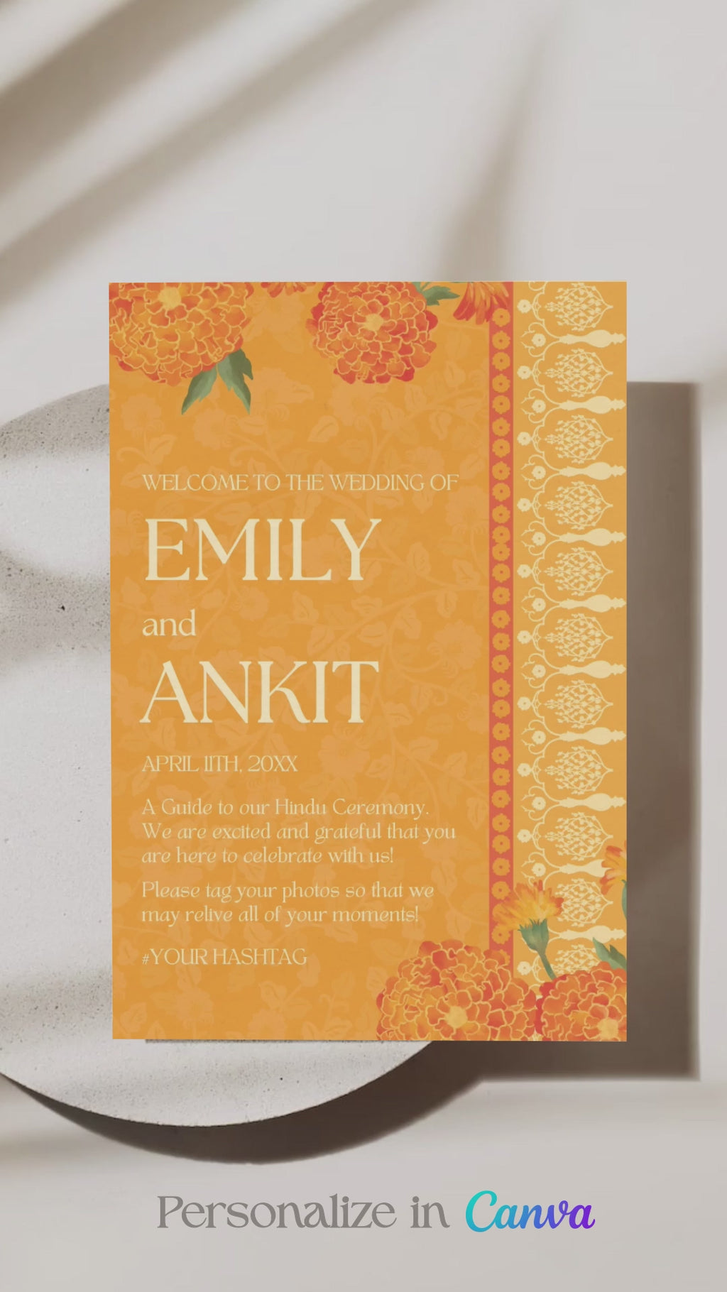 Orange Marigold Wedding Program Card with florals in the shades of orange, yellow, mehndi green, and beige. Wedding Ceremony step-by-step of a hindu, sikh, tamil, gujarati ceremony. Indian Wedding Events like jago, sangeet, mehndi, haldi, chunni & maiyan. Personalize and customize in Canva. Print at any local printer around the World.