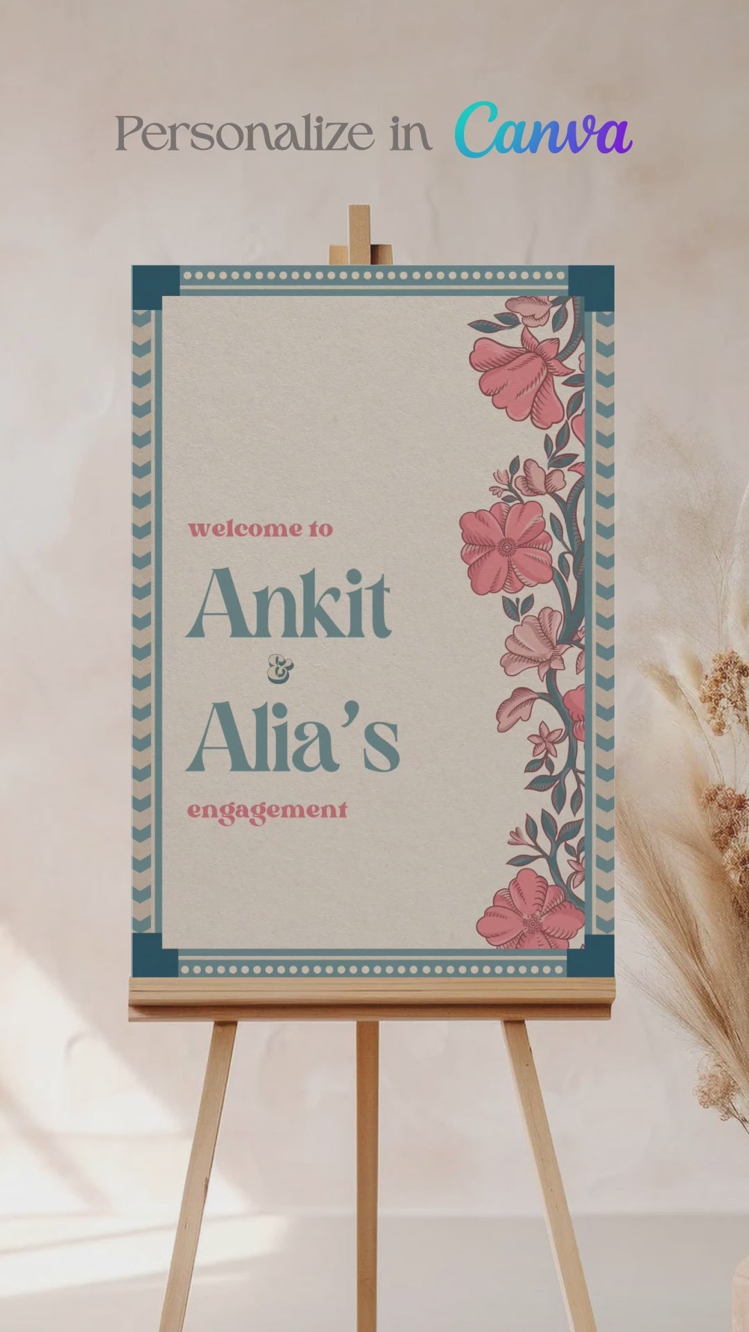 Wedding Invitations. Retro Welcome Sign. Indian Wedding Invites. Invitation set. Wedding and Event Welcome Sign. Blue, pink and beige colours. Orange florals. Birthday and Celebration. Wedding Ceremony. Engagement Sign. Wedding Stationery. DIY Stationery. Digital Download. Canva. Indian Weddings. Anand Karaj. Sangeet. Chunni. Personalize. Customize.