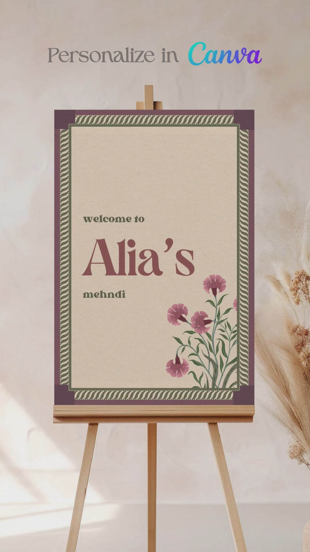 Retro Jaipur block print Welcome Sign with florals in the shades of purple, green, and beige. Indian Wedding Events like jago, sangeet, mehndi, haldi, chunni & maiyan. Personalize and customize in Canva. Print at any local printer around the World.