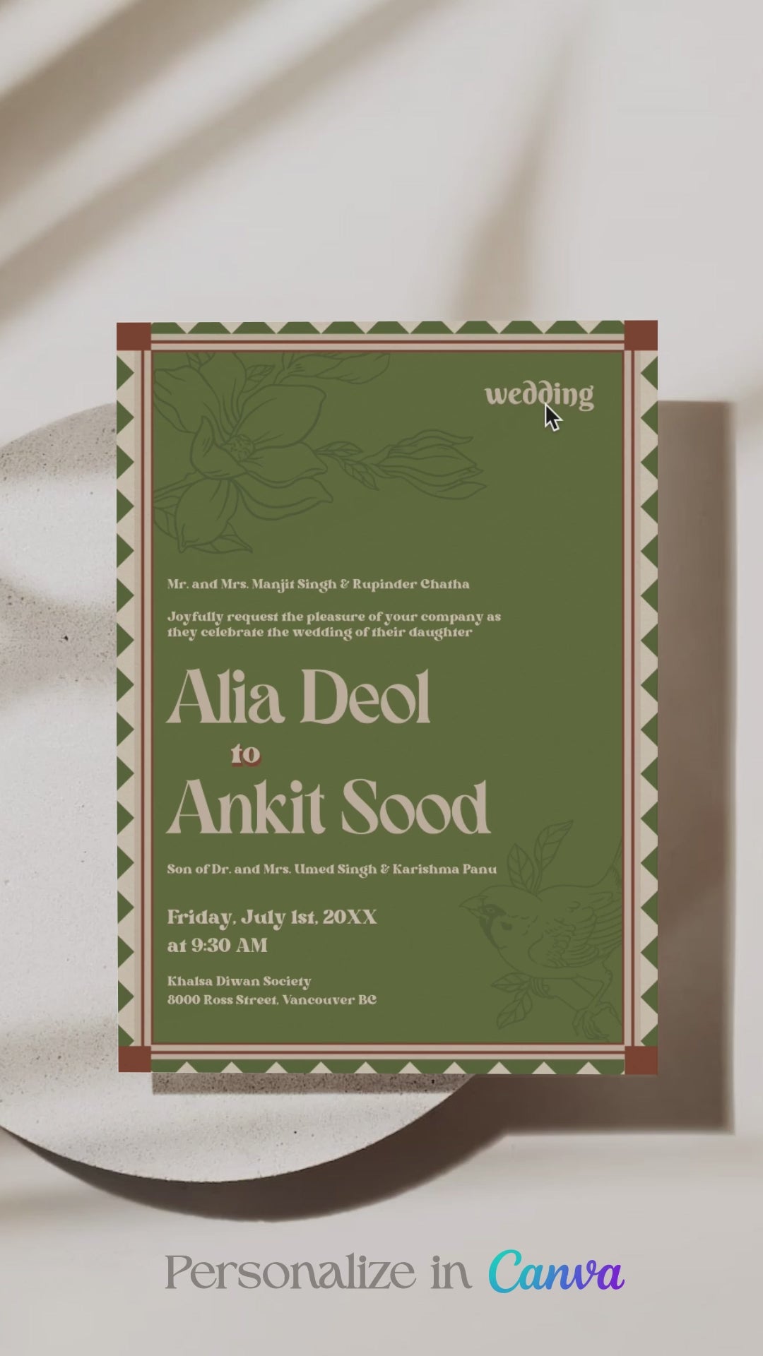 Retro Wedding Invitation Set in the shades of mehndi green, mustard yellow, burnt orange, terracotta, burgundy, yellow, beige. With orange marigold floral. Jaipur block print artwork. It has line drawn florals and birds. Sized at 5 inches x 7 inches with front and back design options. Indian Wedding Invitation Set. Tamil wedding inviteset, sikh wedding invite set, punjabi wedding invite set. Personalize and customize in Canva. Print at any local printer around the World. Florals & Birds