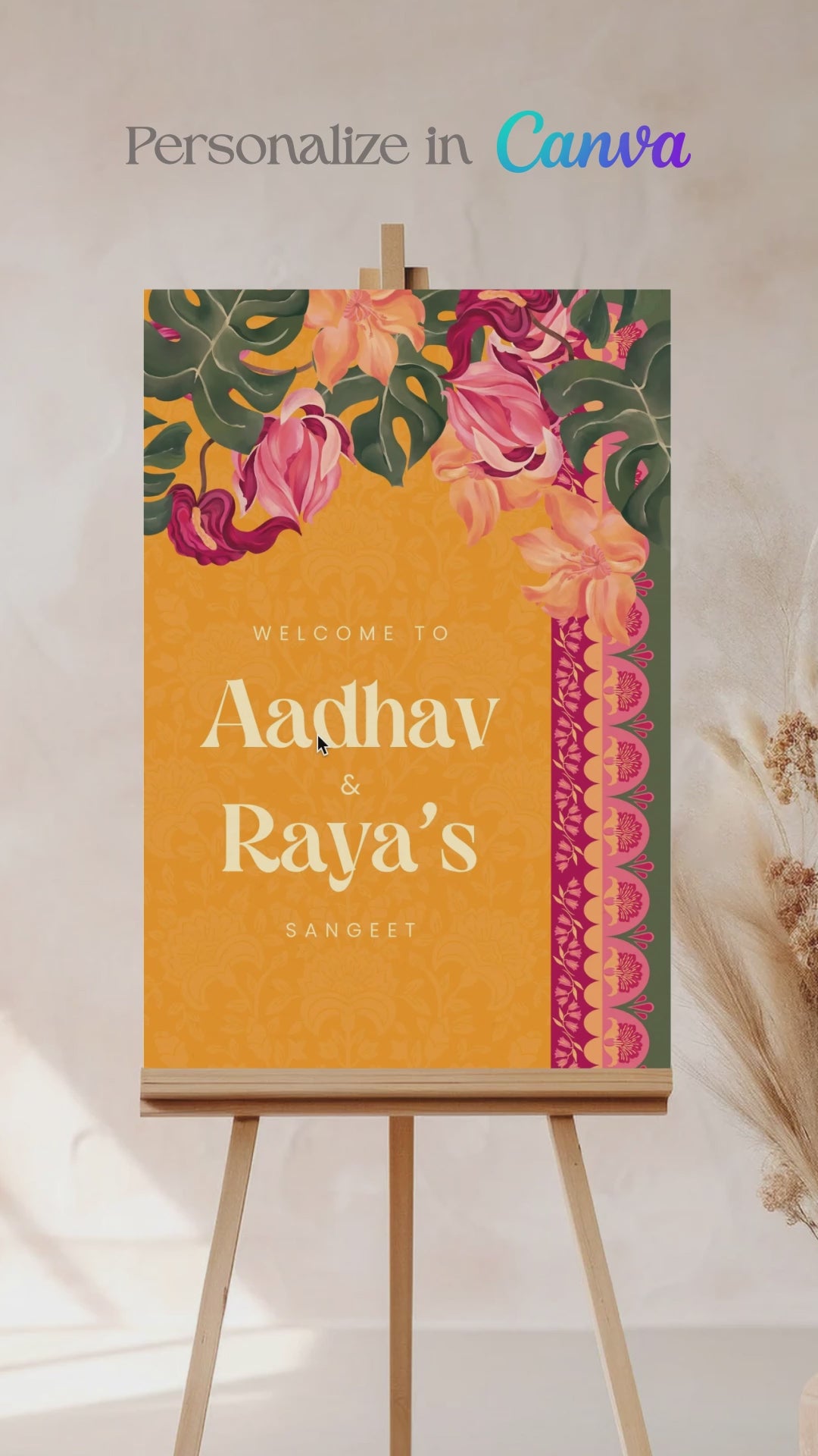 Orange, yellow & pink tropical floral Wedding Welcome Sign with orange marigold florals. Pink roses. Traditional Indian wedding sign. Indian Wedding events for Sangeet, Haldi, Maiyan or Jago. Wedding Signage. Personalize and customize in Canva. Digital Download.  Print around the world at a local print shop.
