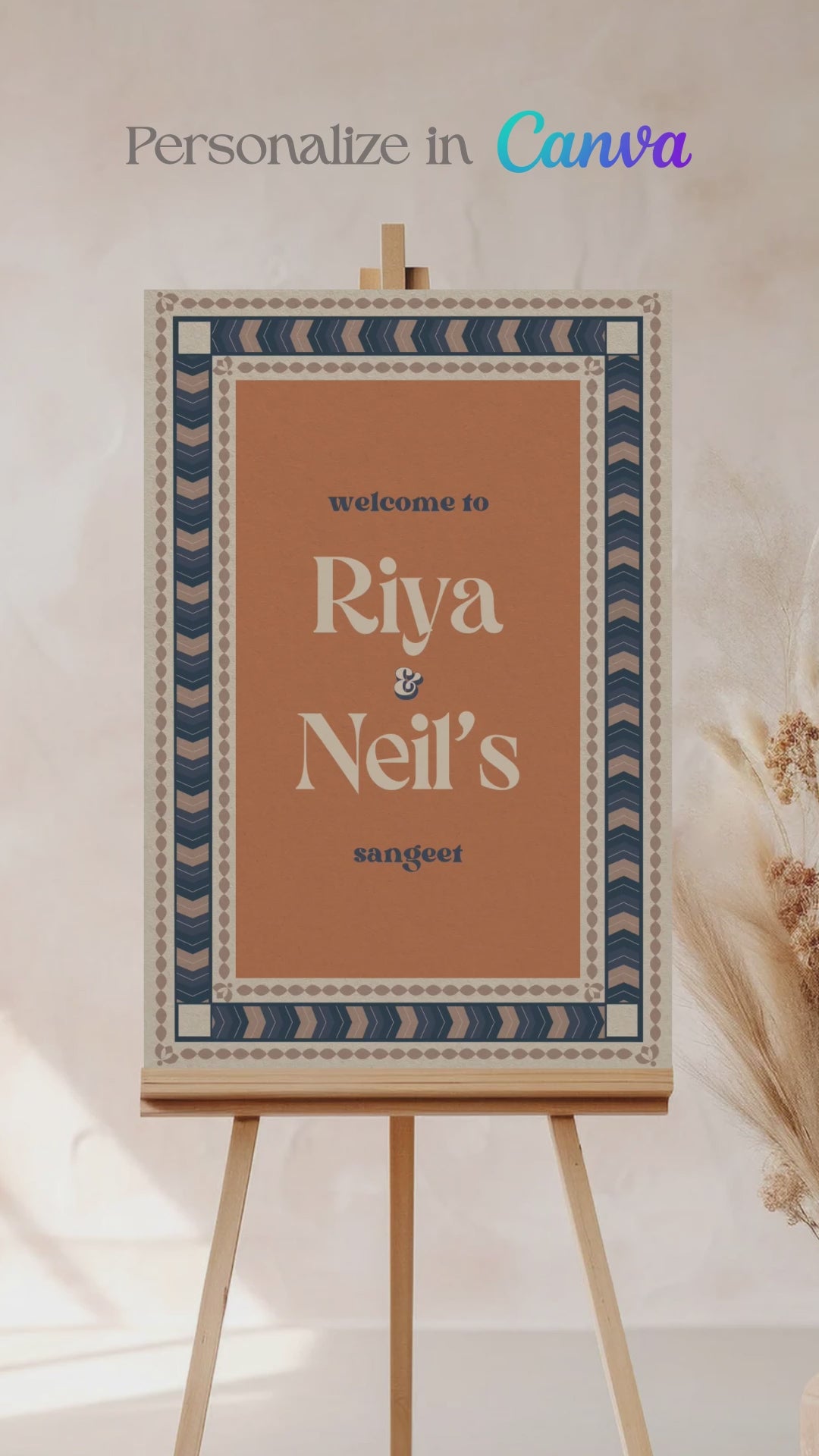 Wedding Invitations. Retro Welcome Sign. Indian Wedding Invites. Event Welcome Sign. Blue, Orange, and beige colours. Chevron pattern. Birthday and Celebration. Wedding Ceremony. Engagement Sign. Wedding Stationery. DIY Stationery. Digital Download. Canva. Indian Weddings. Anand Karaj. Sangeet. Chunni. Mehndi, Haldi. Personalize. Customize.