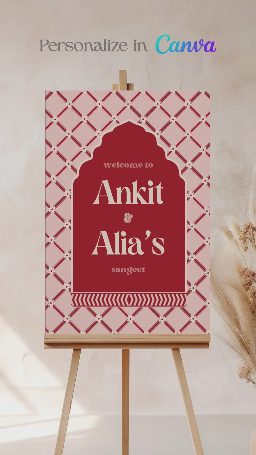 Jaipur floral block print Welcome Sign with arched stripes and chevron pattern in the shades of red, pink, and beige. Indian Wedding Events like jago, sangeet, mehndi, haldi, chunni & maiyan. Inspired by Villa Palladio Jaipur. Palace Arches. Traditional and modern indian design. Personalize and customize in Canva. Print at any local printer around the World.