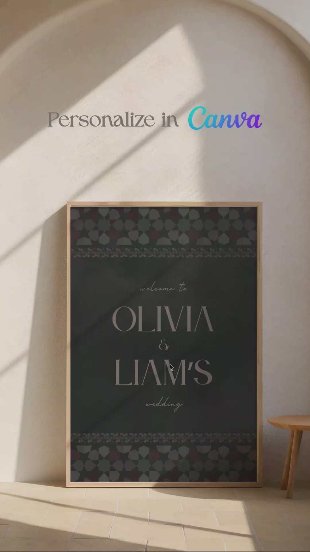 Wedding welcome sign in a geometric black textured style. Event signage. In a dark grey charcoal texture wash. Stationery for various event celebrations. Wedding, engagement stationery. Personalize and customize in Canva. Print at any local printer around the World. Wine purple, mauve. Textured florals