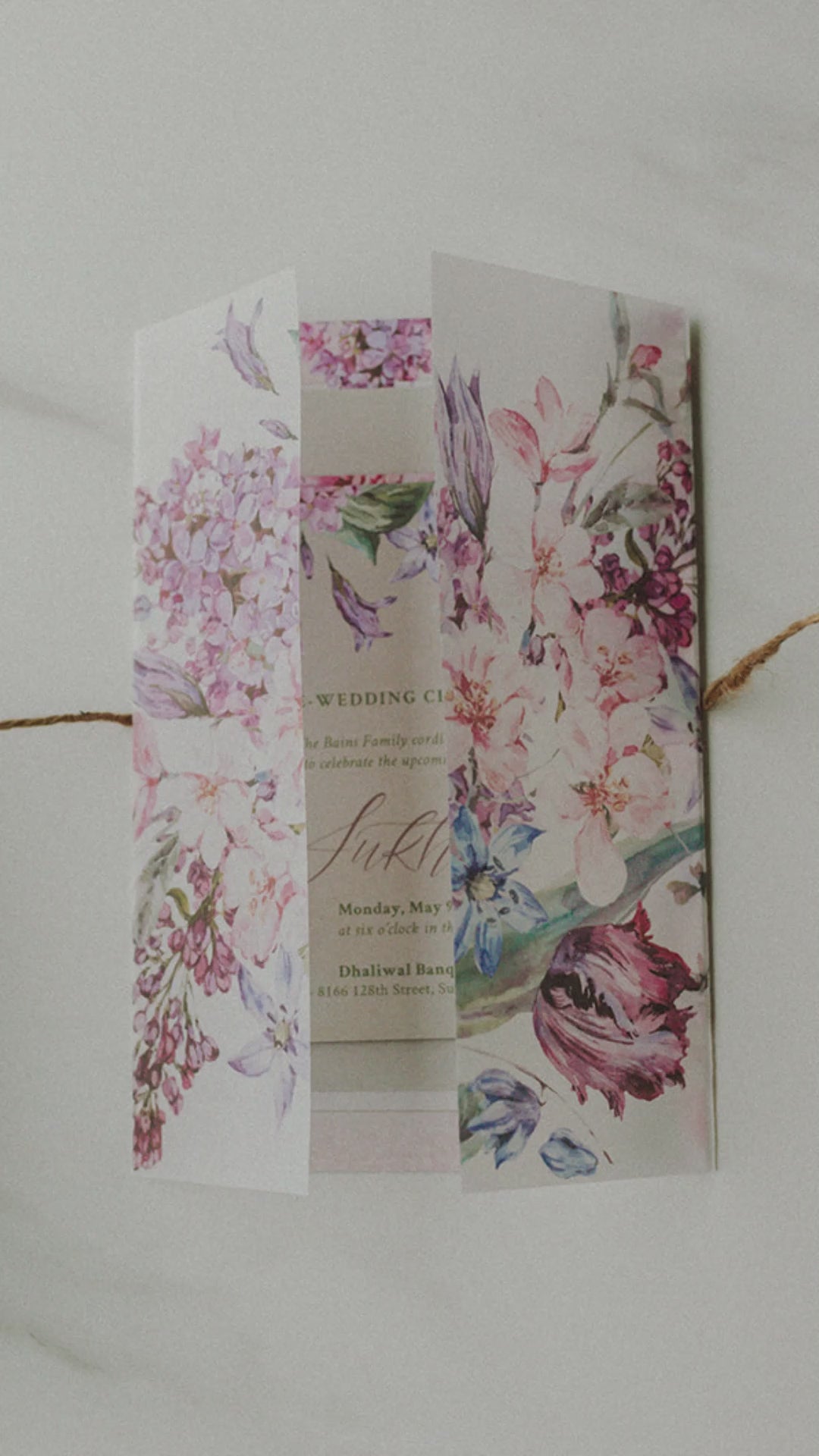 Soft Floral Wedding Invitation Set in the shades of pinks, purples, green, beige and stone grey. With a variety of florals: roses, hydrangeia, peony, lily, baby's breath. Modern floral invites. Sized at 5 inches x 7 inches with front and back design options. Rectangle, square layout options. Multple sized invites. Indian Wedding Invitation Set. Personalize and customize in Canva. Print at any local printer around the World. Florals & Birds