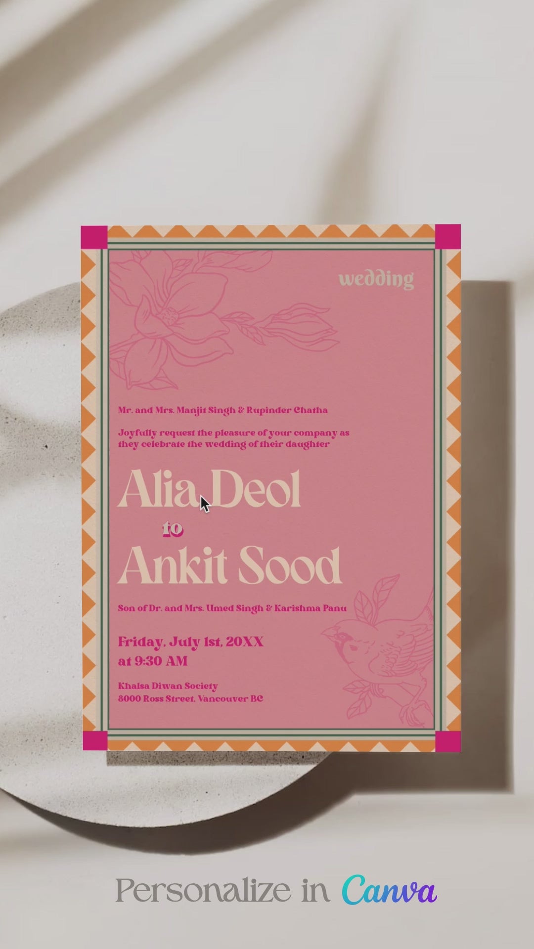 Retro Wedding Invitation Set in the shades of forest green, orange, yellow, hot pink, beige and baby pink. With orange marigold floral. Jaipur block print artwork. It has line drawn florals and birds. Sized at 5 inches x 7 inches with front and back design options. Indian Wedding Invitation Set. Personalize and customize in Canva. Print at any local printer around the World. Florals & Birds