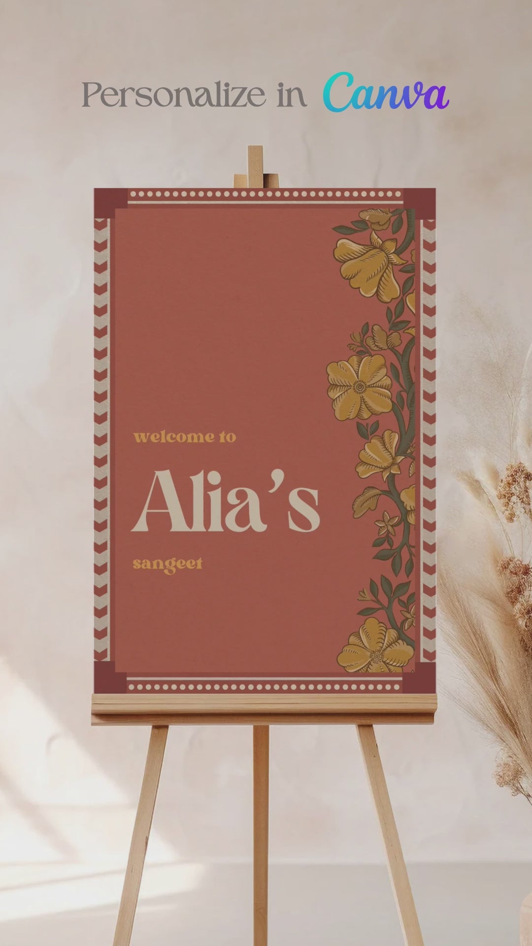 Wedding Invitations. Retro Welcome Sign. Indian Wedding Invites. Event Welcome Sign. Burnt Orange and beige colours. Yellow florals. Birthday and Celebration. Wedding Ceremony. Engagement Sign. Wedding Stationery. DIY Stationery. Digital Download. Canva. Indian Weddings. Anand Karaj. Sangeet. Chunni. Mehndi, Haldi. Personalize. Customize.