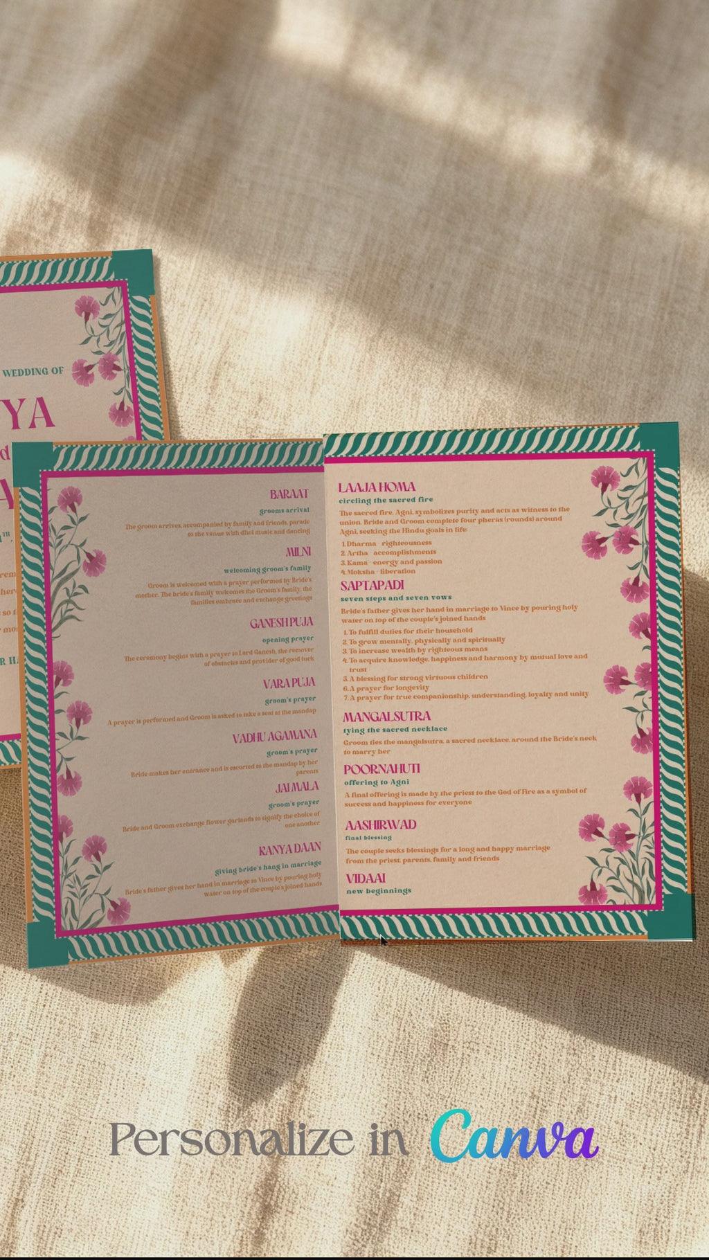 Retro Jaipur Floral Motif Wedding folded program card in the shades of hot pink, teal, yellow, green, and white. With pink florals. Jaipur block print artwork. It is inspired by the retro Indian era style design and art. Sized at 5" x 7" with front and back design options. Indian Wedding Invitation Set. Personalize and customize in Canva. Print at any local printer around the World. Florals & Birds