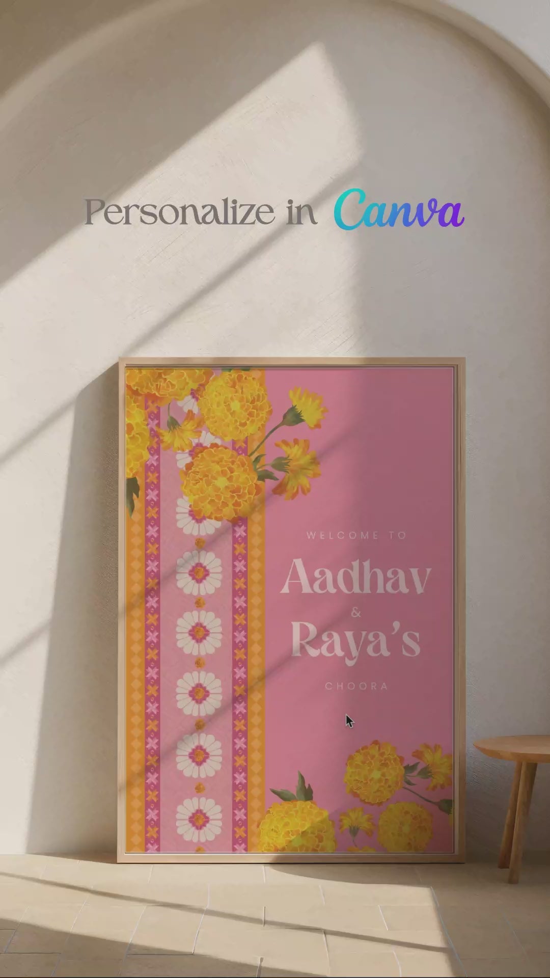 Orange, yellow & soft pink retro Wedding Welcome Sign with orange & yellow marigold florals. Pink roses. Tradiitonal Indian wedding sign. Indian Wedding events for Sangeet, Haldi, Maiyan or Jago. Wedding Signage. Personalize and customize in Canva. Digital Download.  Print around the world at a local print shop.