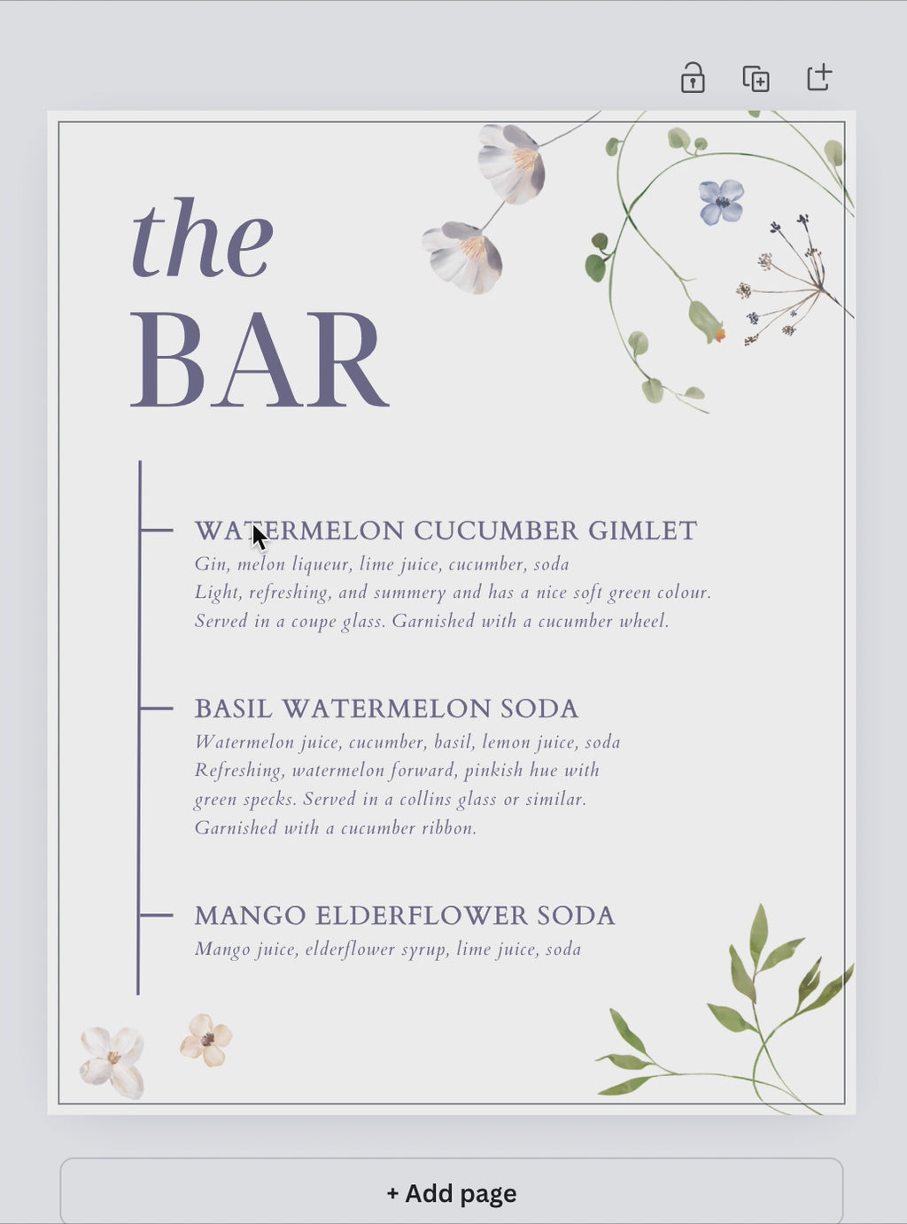 Floral Bar Menu
