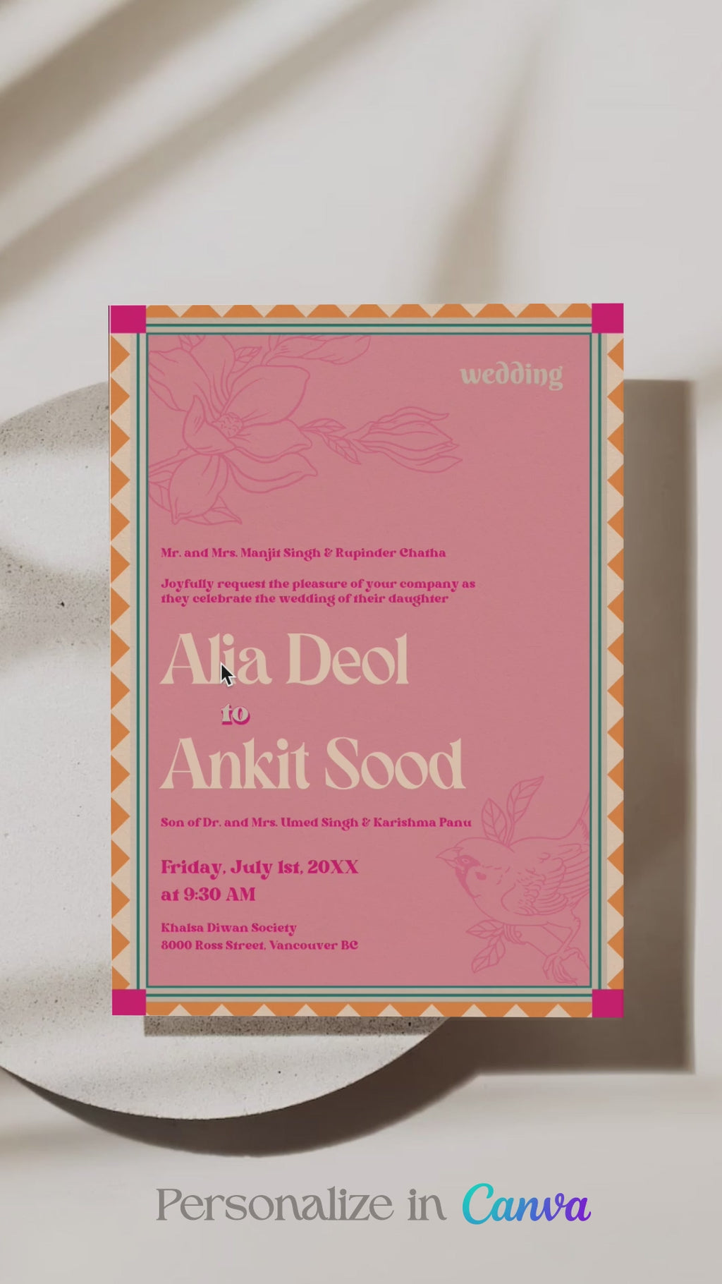 Retro Wedding Invitation Set in the shades of teal, orange, yellow, hot pink, beige and baby pink. With orange marigold floral. Jaipur block print artwork. It has line drawn florals and birds. Sized at 5 inches x 7 inches with front and back design options. Indian Wedding Invitation Set. Personalize and customize in Canva. Print at any local printer around the World. Florals & Birds