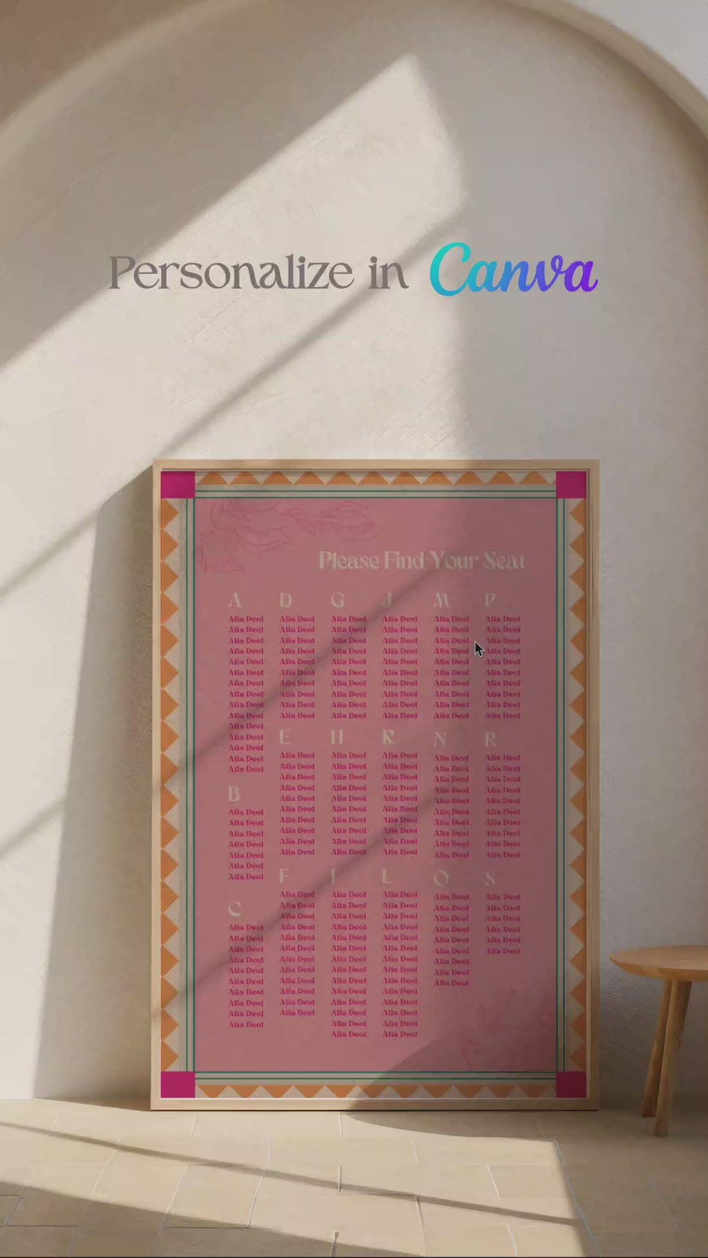 Retro Wedding Seating Chart with pink, teal & yellow florals. Indian Wedding events for Sangeet, Haldi, Maiyan or Jago. Wedding Signage. Personalize and customize in Canva. Digital Download.  Print around the world at a local print shop.