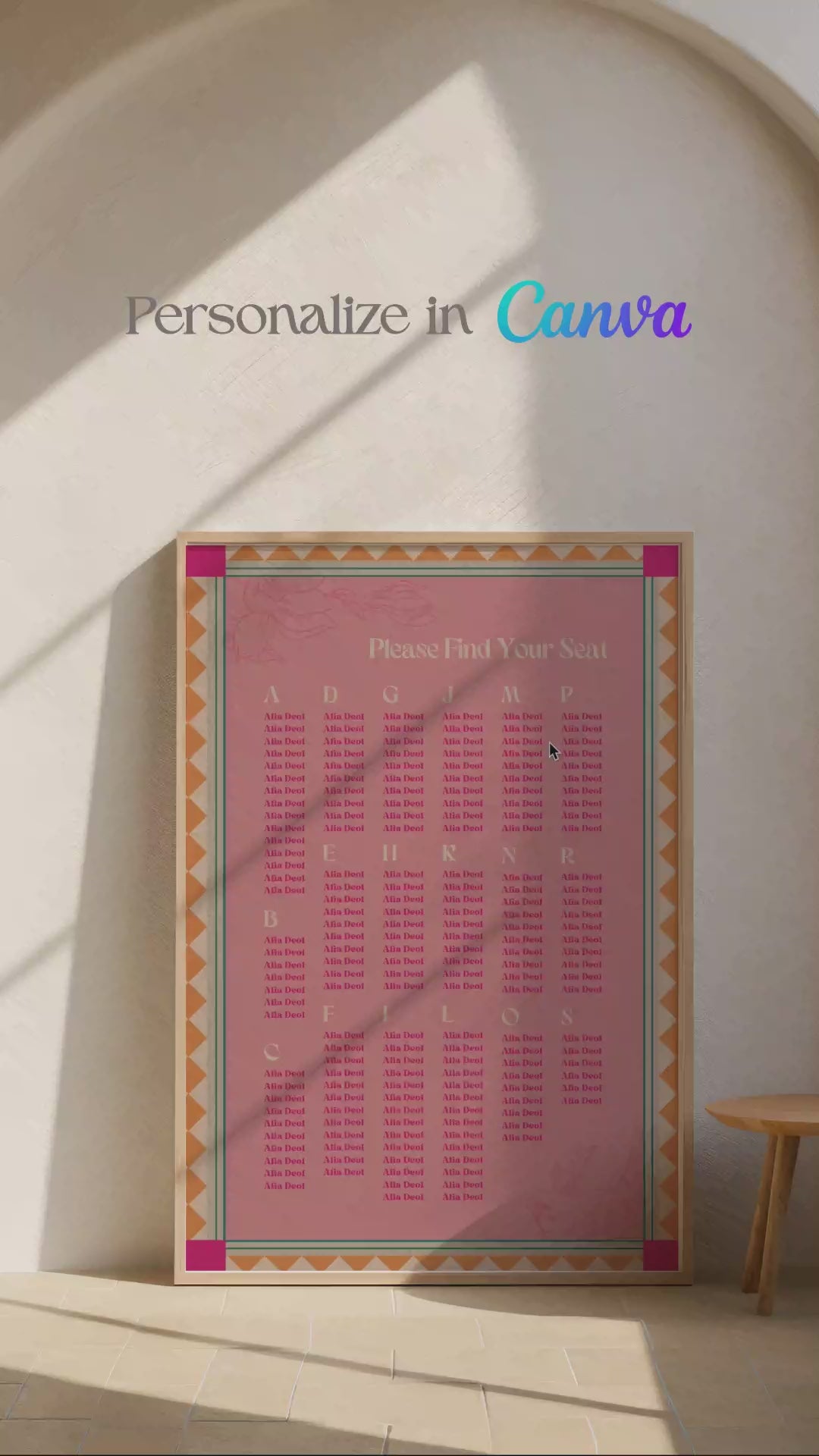 Retro Wedding Seating Chart with pink, teal & yellow florals. Indian Wedding events for Sangeet, Haldi, Maiyan or Jago. Wedding Signage. Personalize and customize in Canva. Digital Download.  Print around the world at a local print shop.