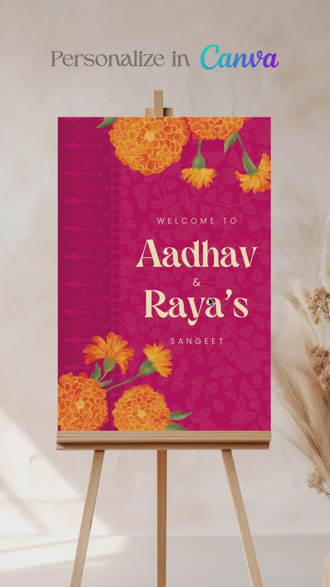Orange Retro Wedding Welcome Sign with orange marigold florals. Indian Wedding events for Sangeet, Haldi, Maiyan or Jago. Wedding Signage. Personalize and customize in Canva. Digital Download.  Print around the world at a local print shop.