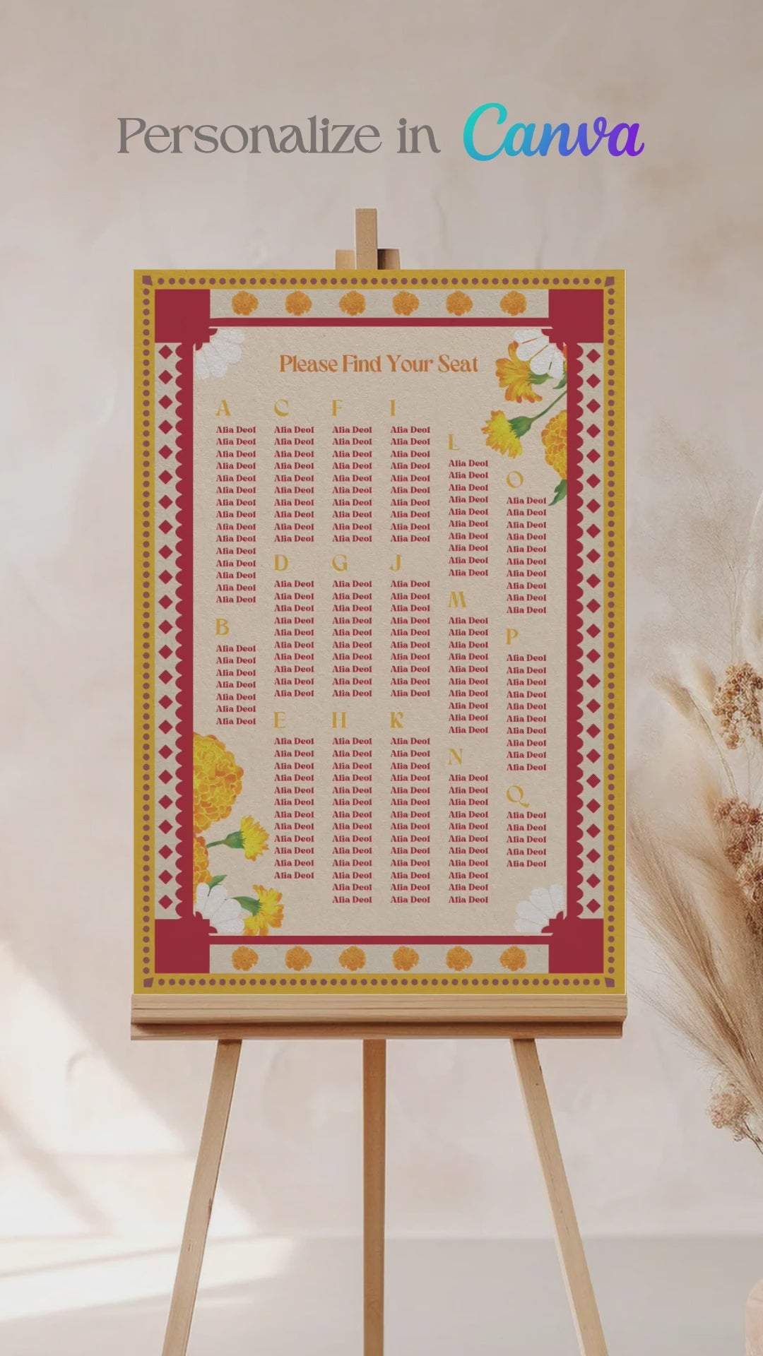 Retro Wedding Seating Chart with yellow & orange marigold florals. Indian Wedding events for Sangeet, Haldi, Maiyan or Jago. Wedding Signage. Personalize and customize in Canva. Digital Download.  Print around the world at a local print shop.